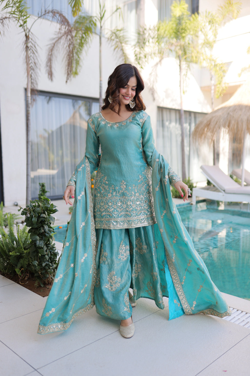 Aaryaa Sky Blue Fendi Crush with Zari Sequins Embroidered Work Kurti Sharara Set