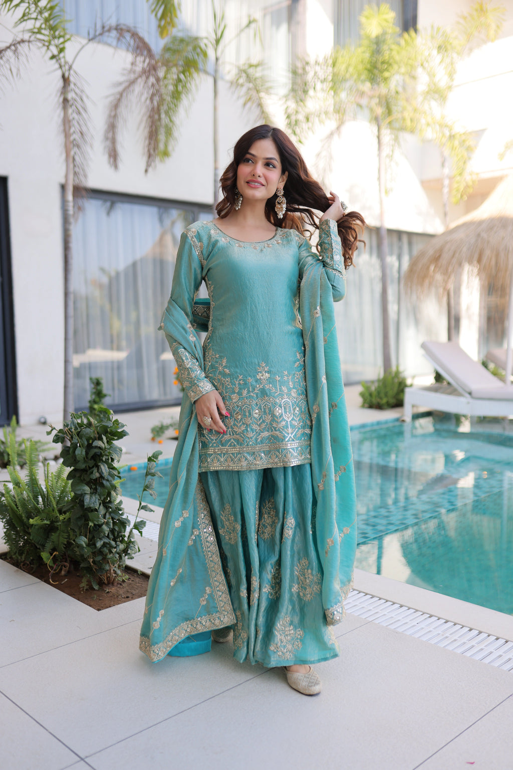 Aaryaa Sky Blue Fendi Crush with Zari Sequins Embroidered Work Kurti Sharara Set