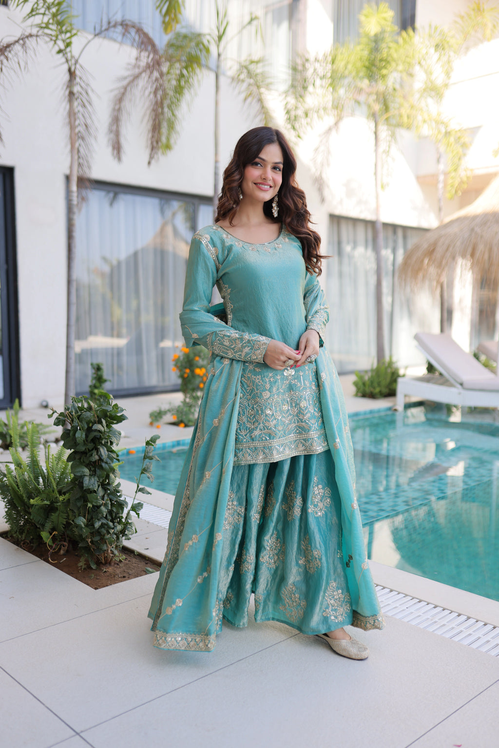 Aaryaa Sky Blue Fendi Crush with Zari Sequins Embroidered Work Kurti Sharara Set