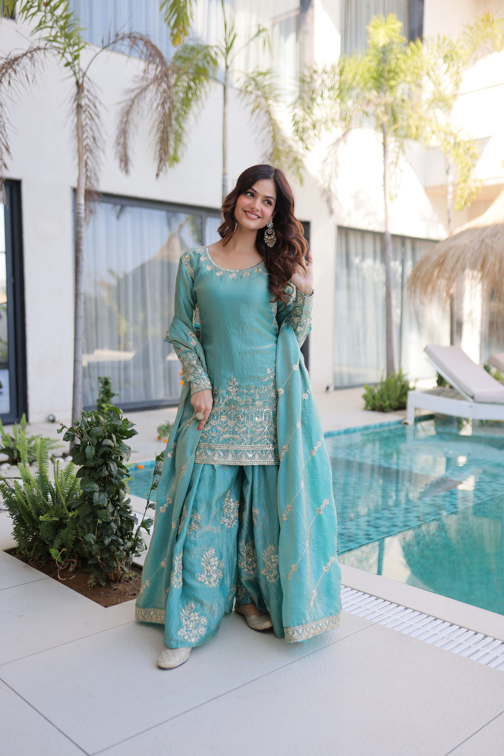 Aaryaa Sky Blue Fendi Crush with Zari Sequins Embroidered Work Kurti Sharara Set