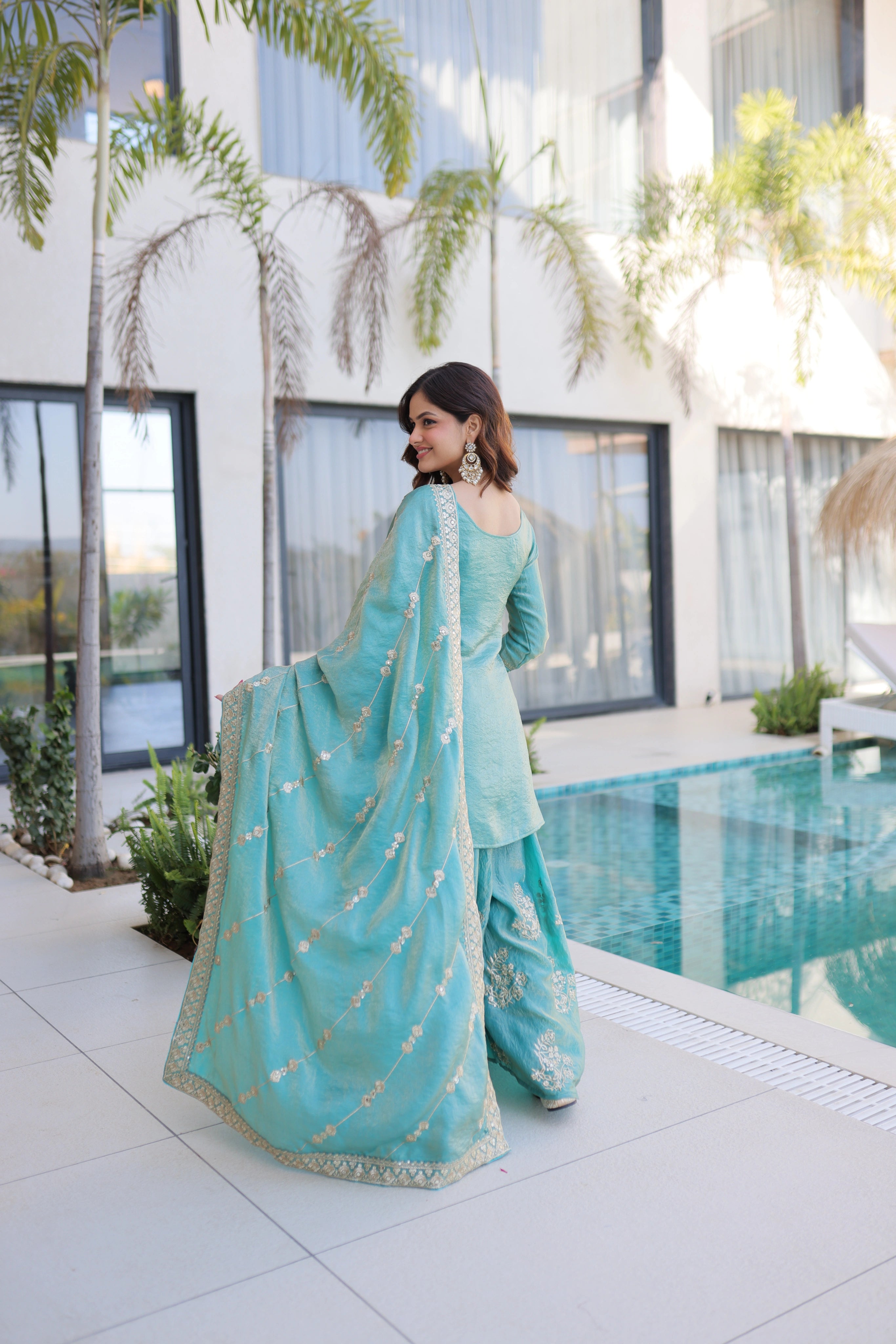 Aaryaa Sky Blue Fendi Crush with Zari Sequins Embroidered Work Kurti Sharara Set