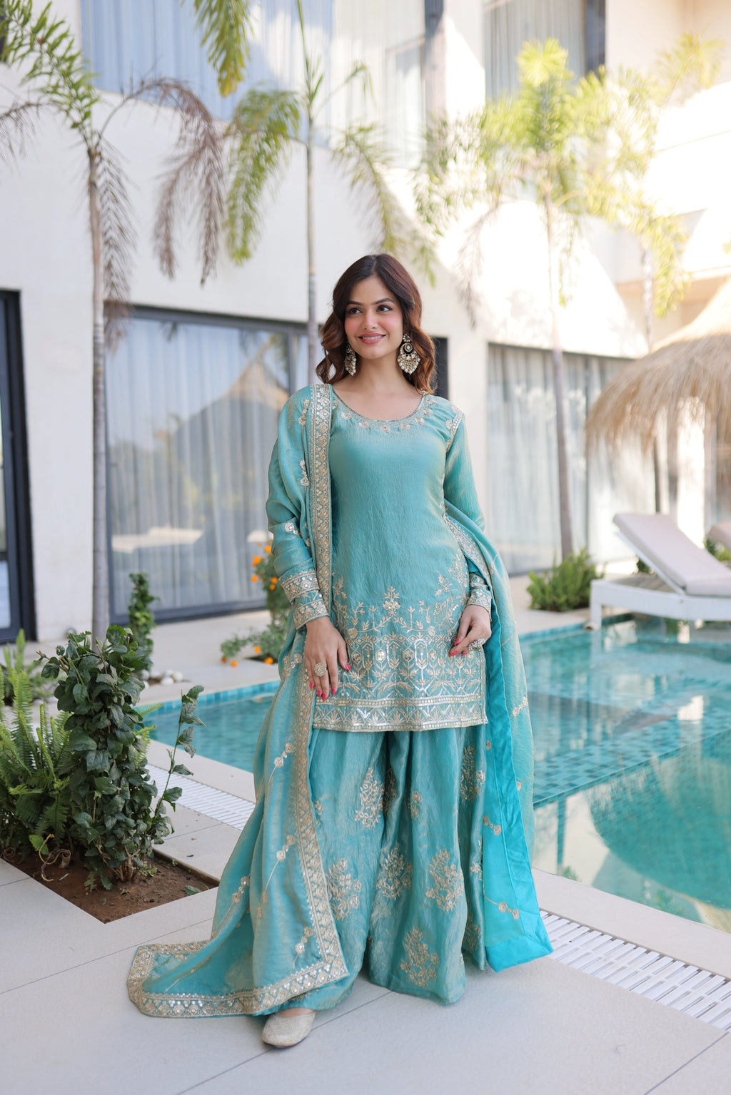Aaryaa Sky Blue Fendi Crush with Zari Sequins Embroidered Work Kurti Sharara Set