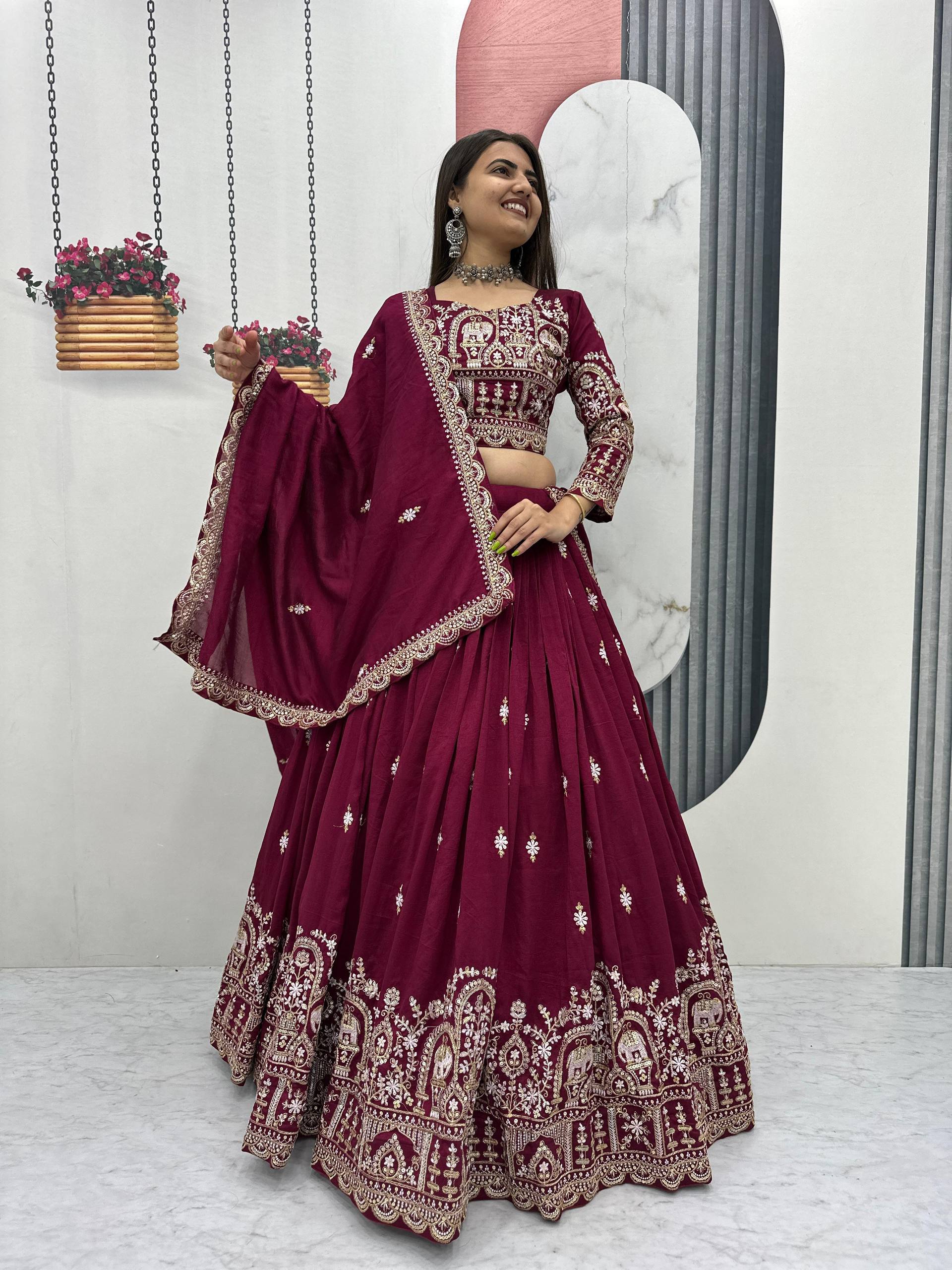 Amodini maroon vichitra silk embroidery work lehenga choli set