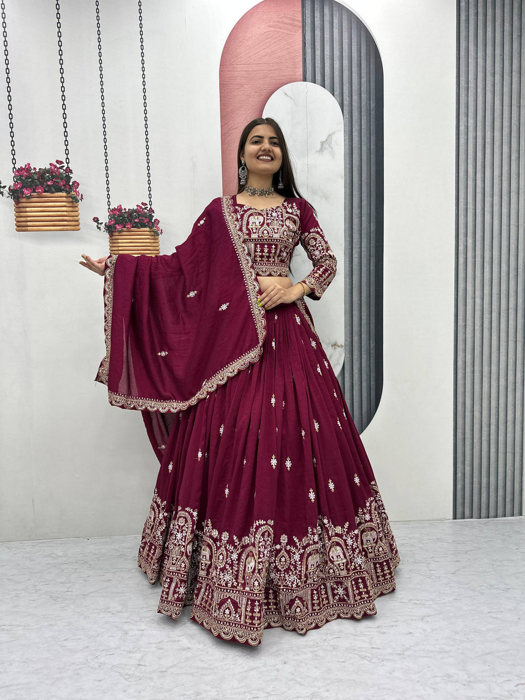 Amodini maroon vichitra silk embroidery work lehenga choli set