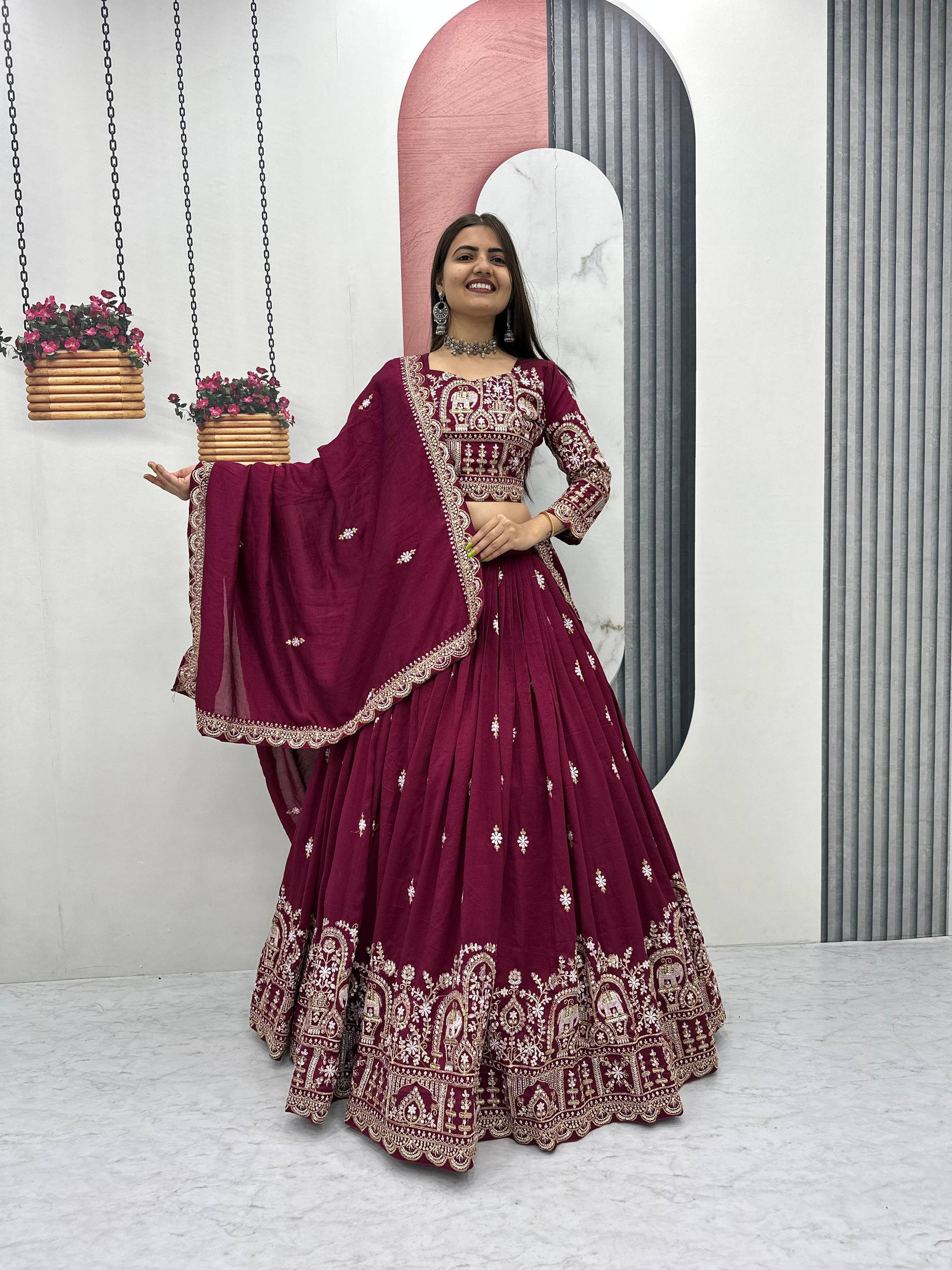 Amodini maroon vichitra silk embroidery work lehenga choli set