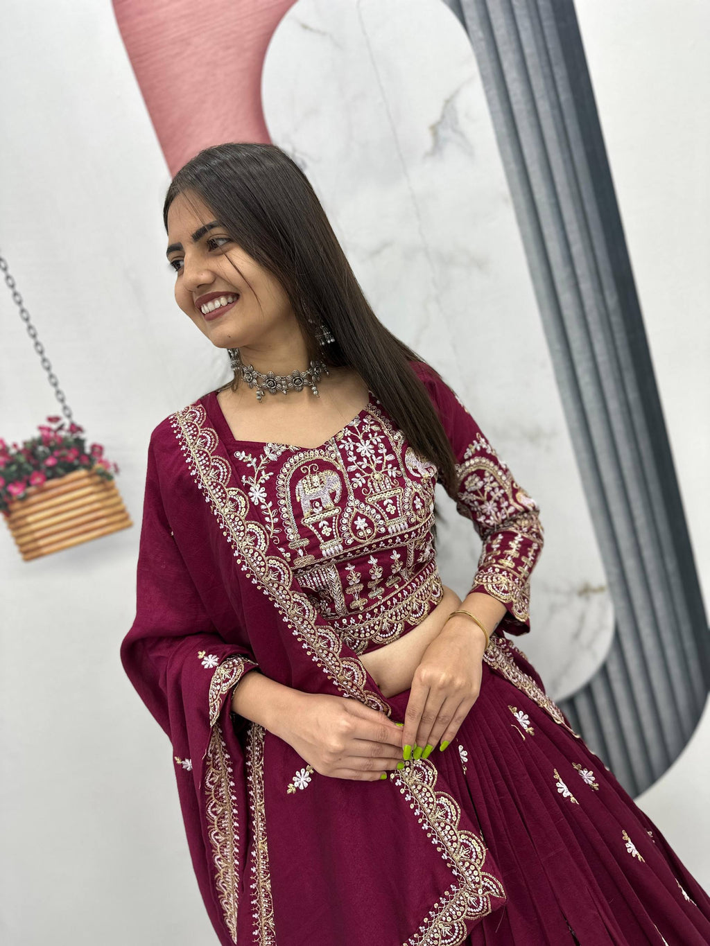 Amodini maroon vichitra silk embroidery work lehenga choli set