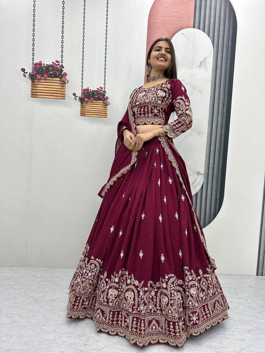 Amodini maroon vichitra silk embroidery work lehenga choli set
