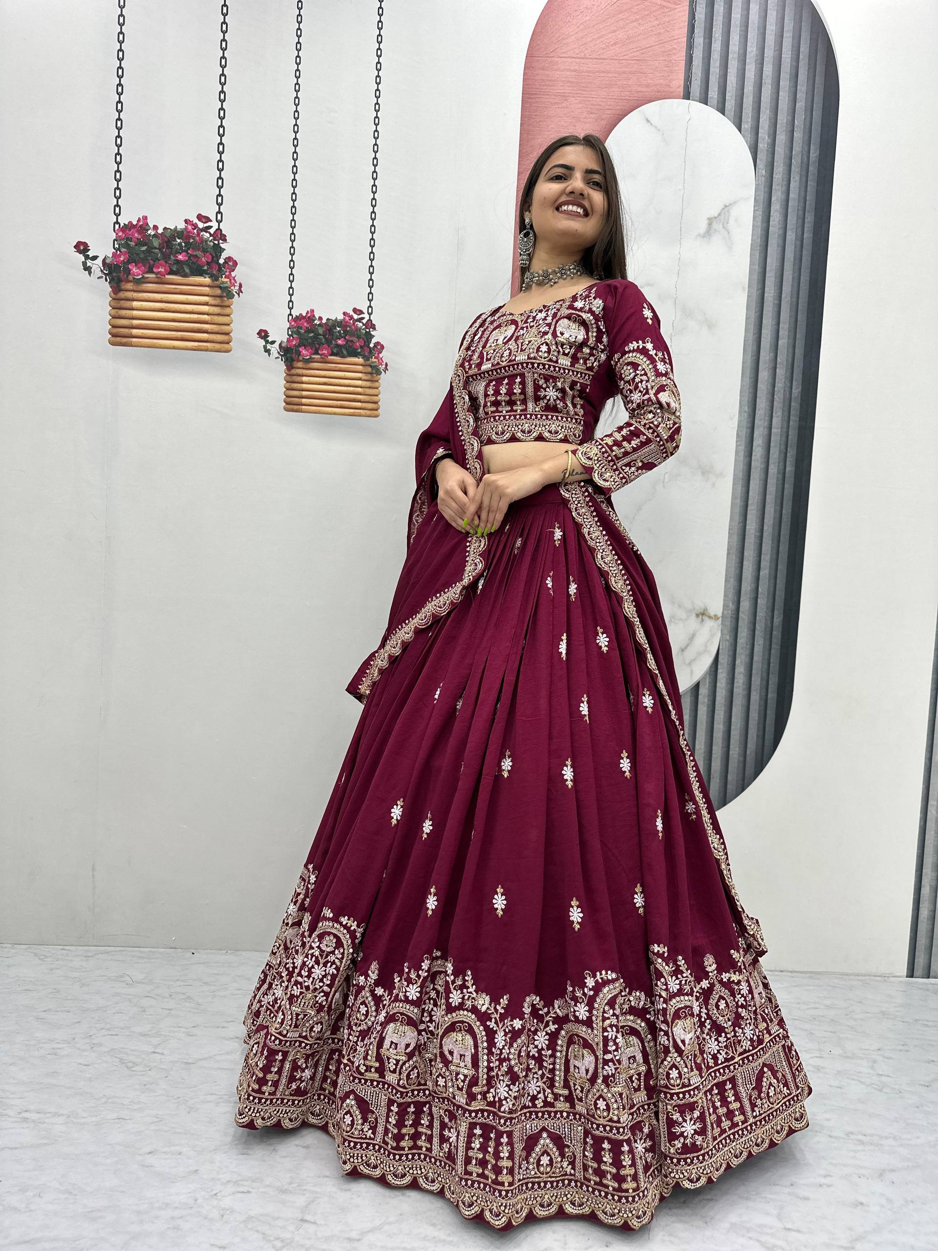 Amodini maroon vichitra silk embroidery work lehenga choli set