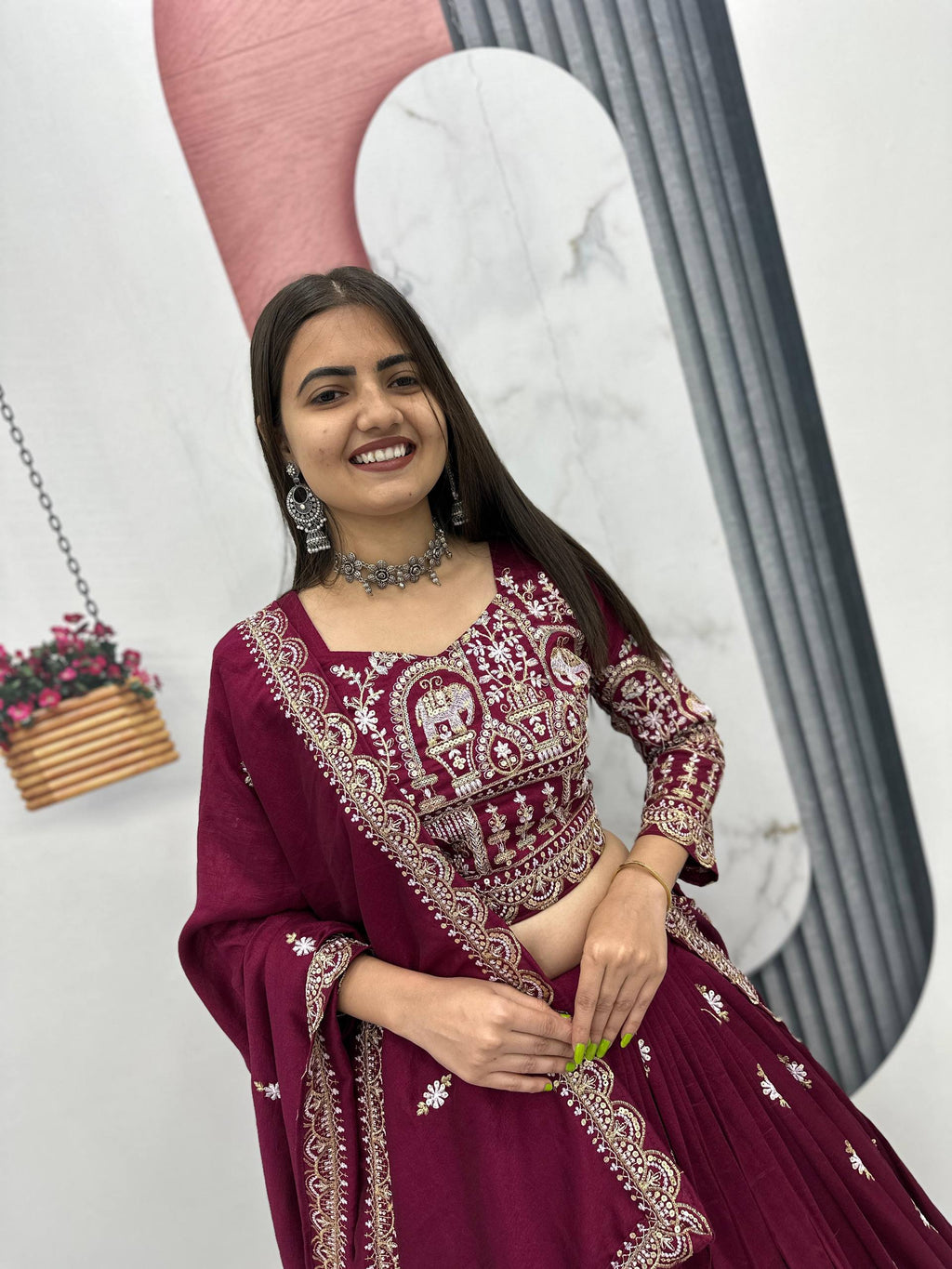 Amodini maroon vichitra silk embroidery work lehenga choli set