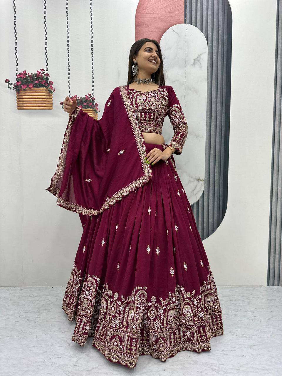 Amodini maroon vichitra silk embroidery work lehenga choli set