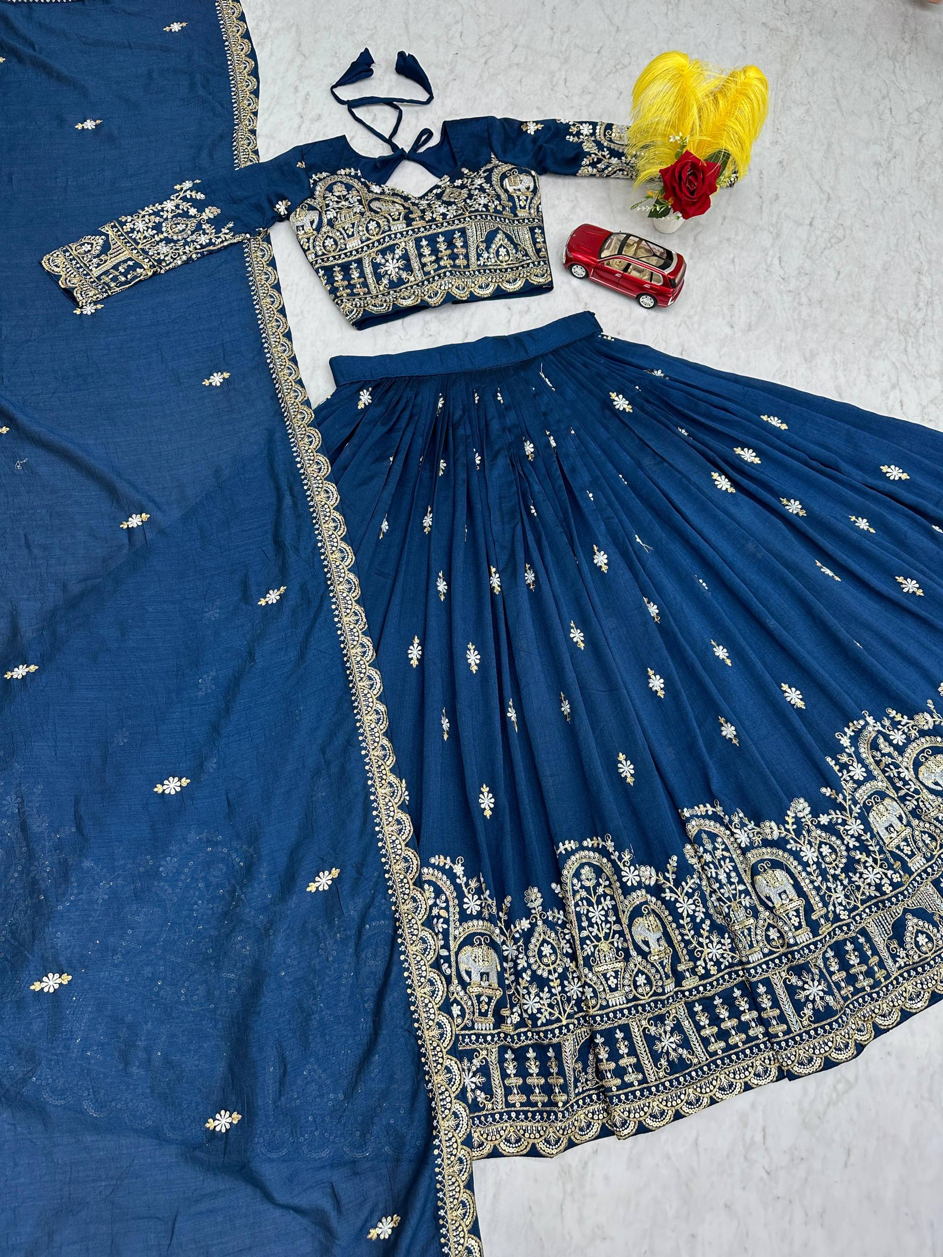 Amodini navy blue vichitra silk embroidery work lehenga choli set