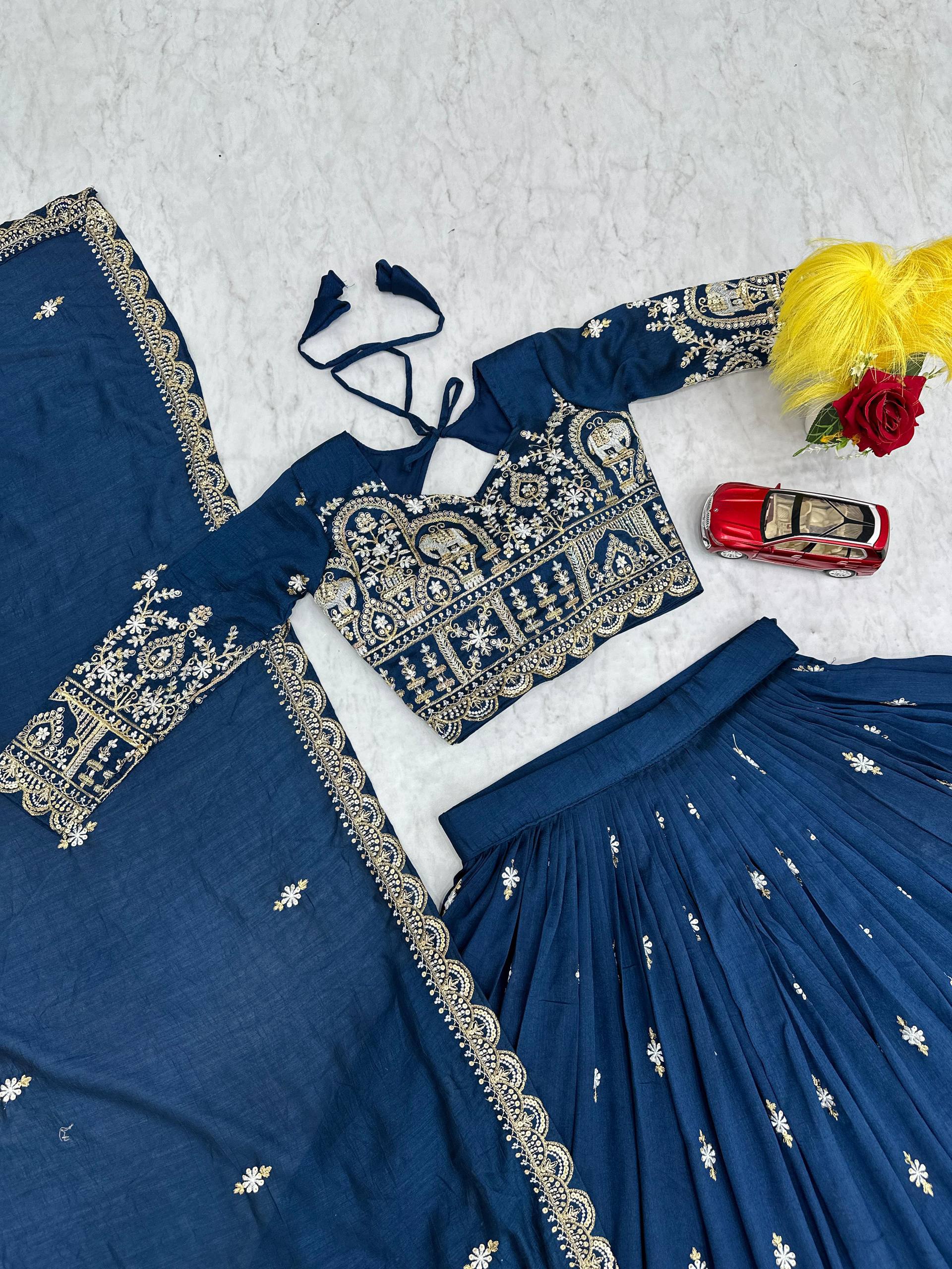 Amodini navy blue vichitra silk embroidery work lehenga choli set
