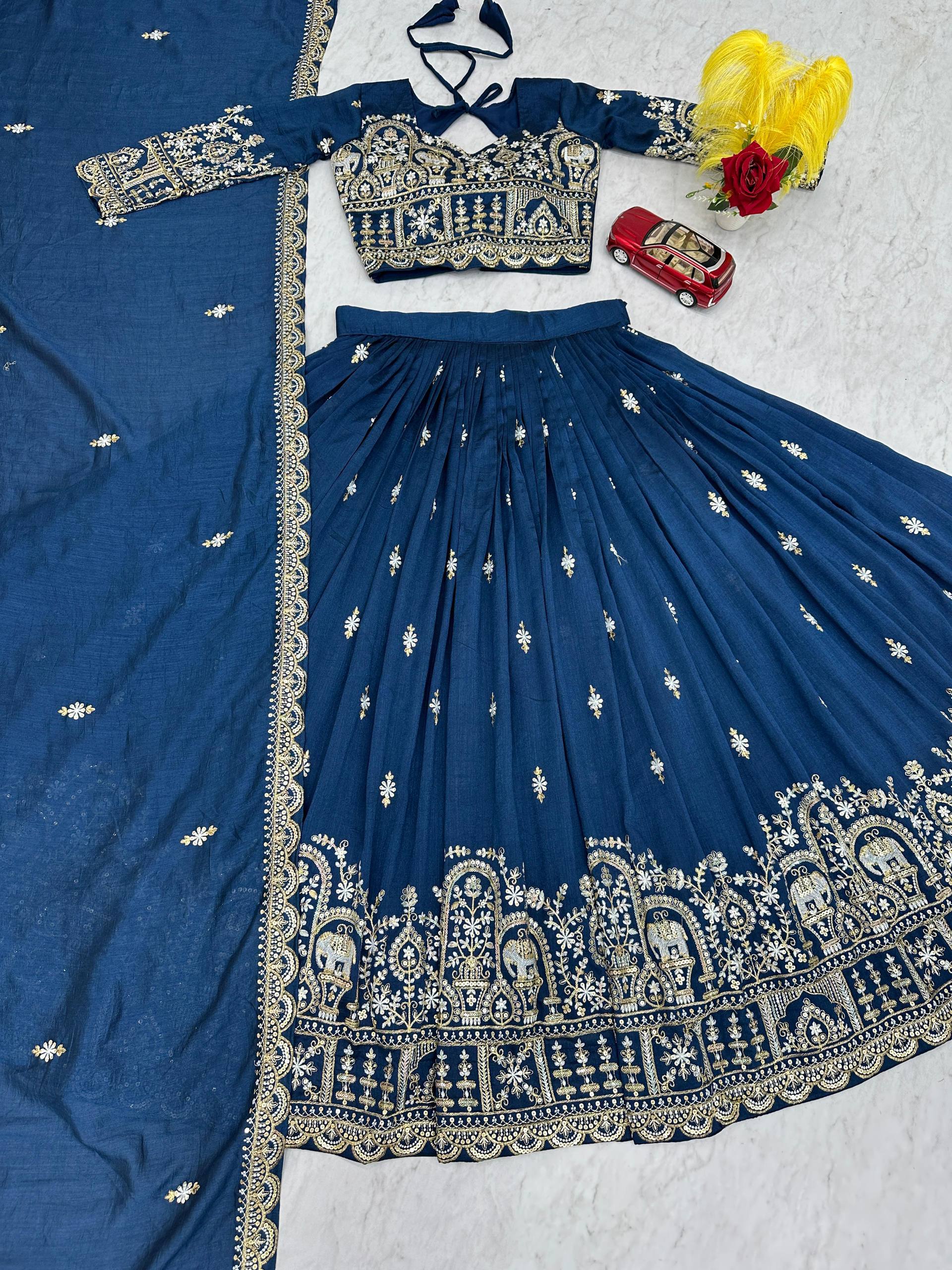 Amodini navy blue vichitra silk embroidery work lehenga choli set