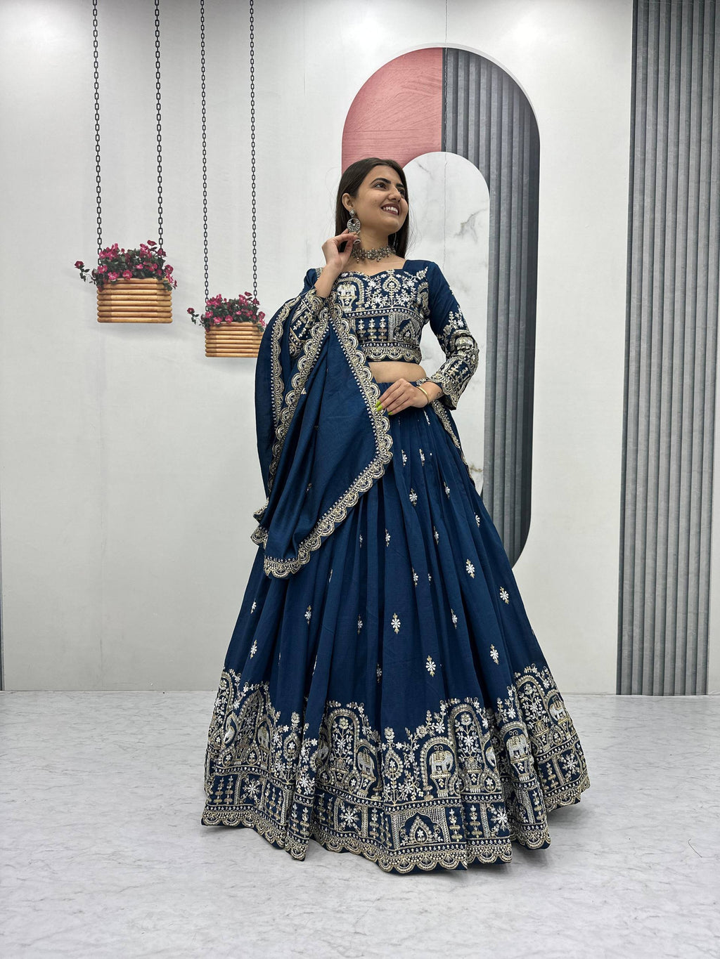 Amodini navy blue vichitra silk embroidery work lehenga choli set