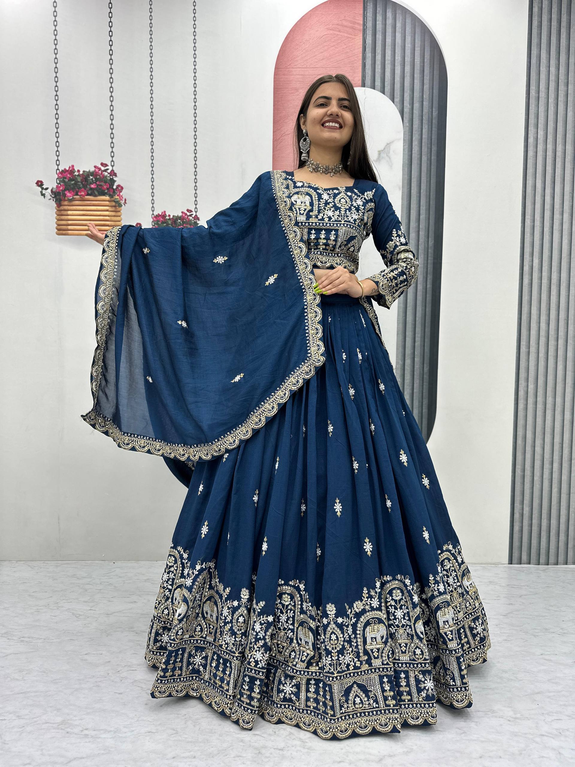 Amodini navy blue vichitra silk embroidery work lehenga choli set