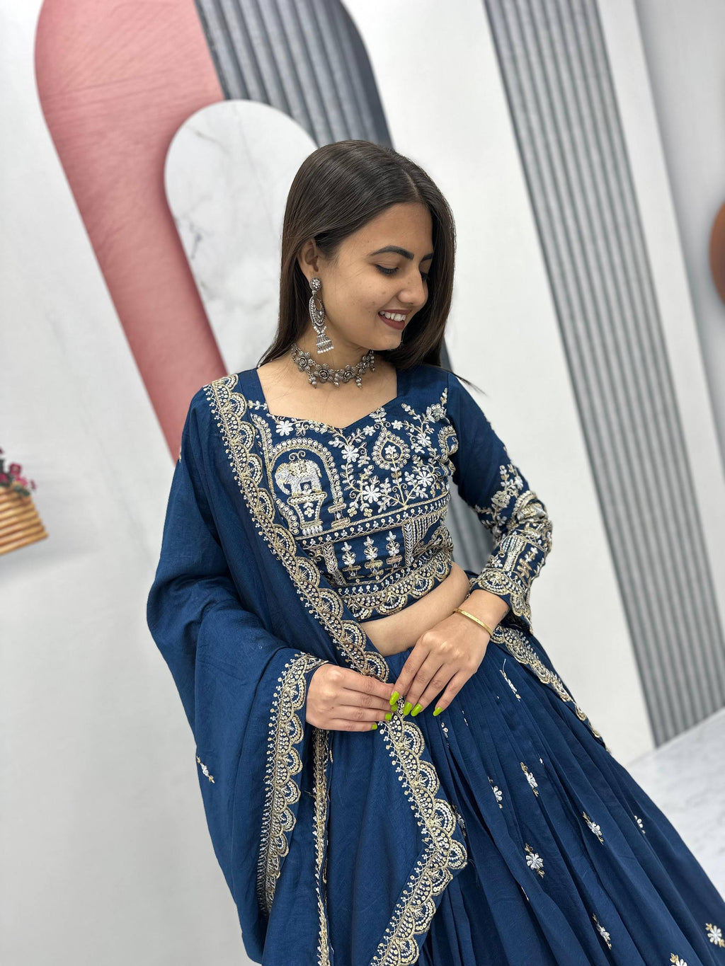 Amodini navy blue vichitra silk embroidery work lehenga choli set