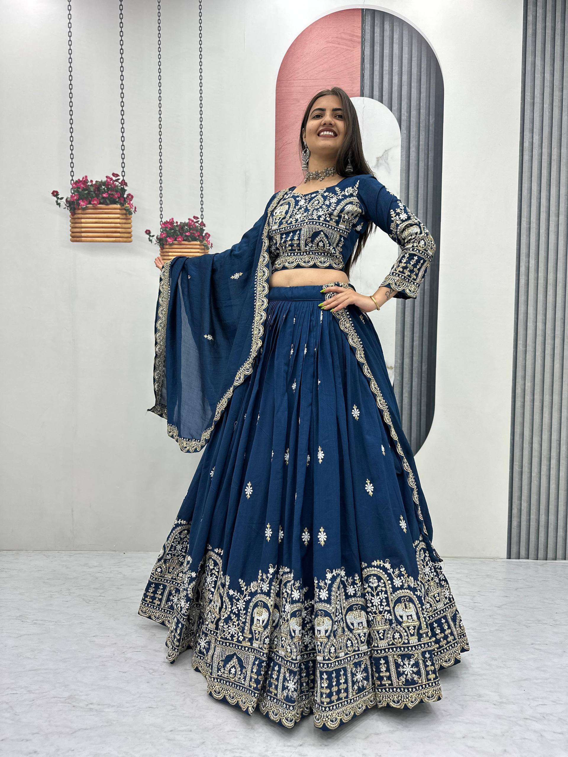Amodini navy blue vichitra silk embroidery work lehenga choli set
