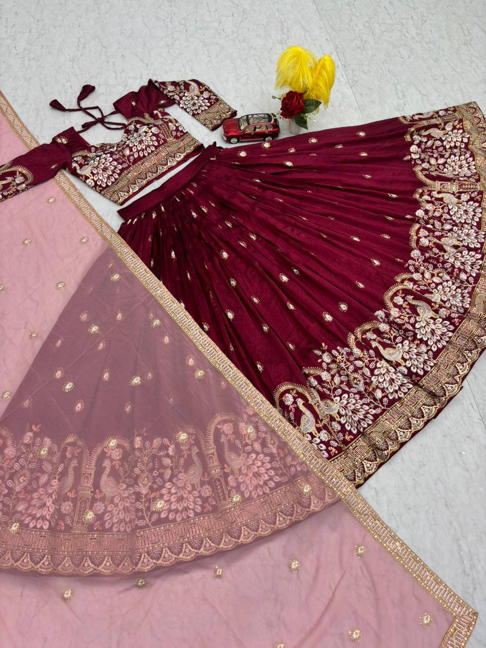 Anasuya maroon vichitra silk embroidery work lehenga choli set
