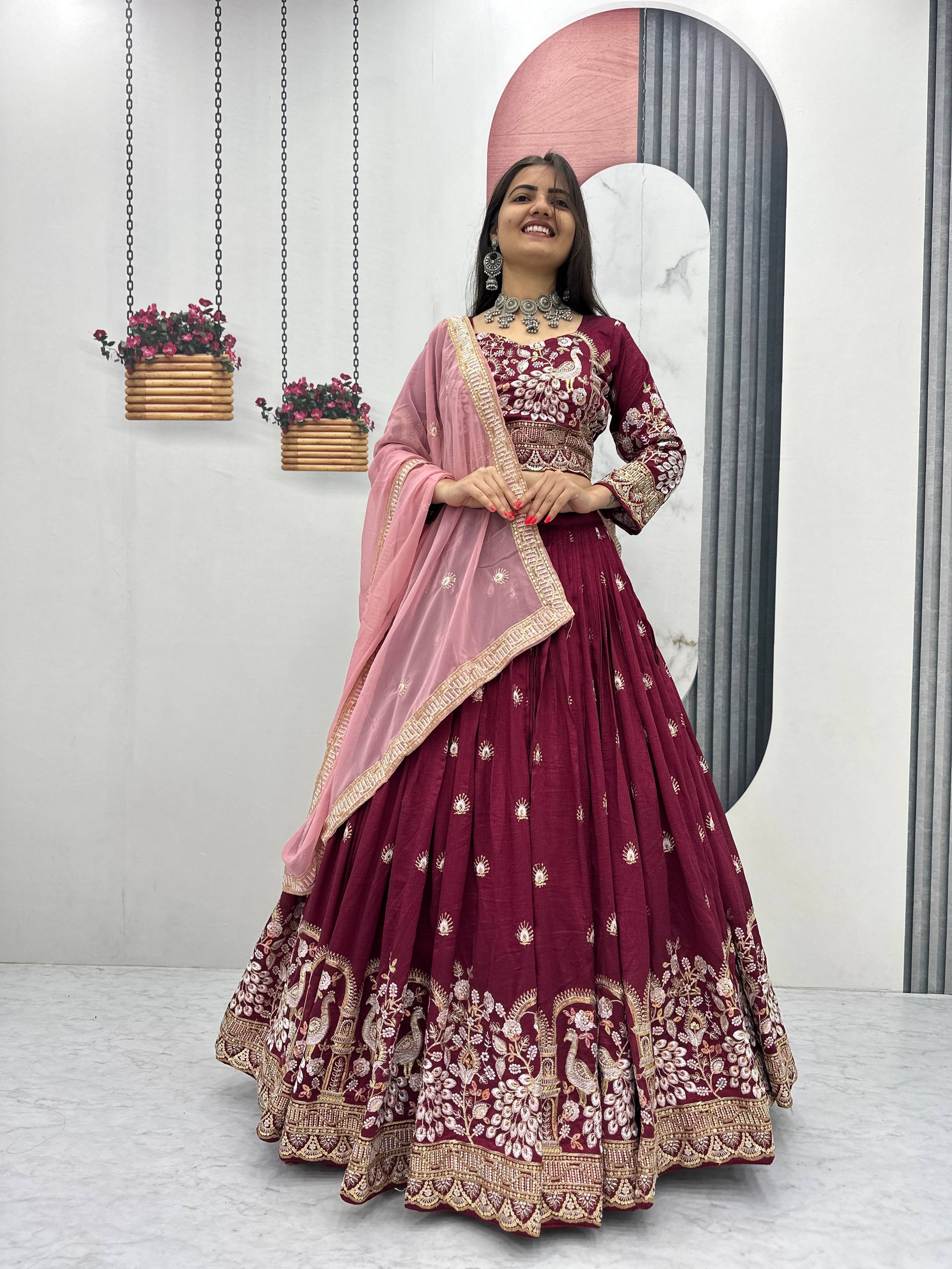 Anasuya maroon vichitra silk embroidery work lehenga choli set