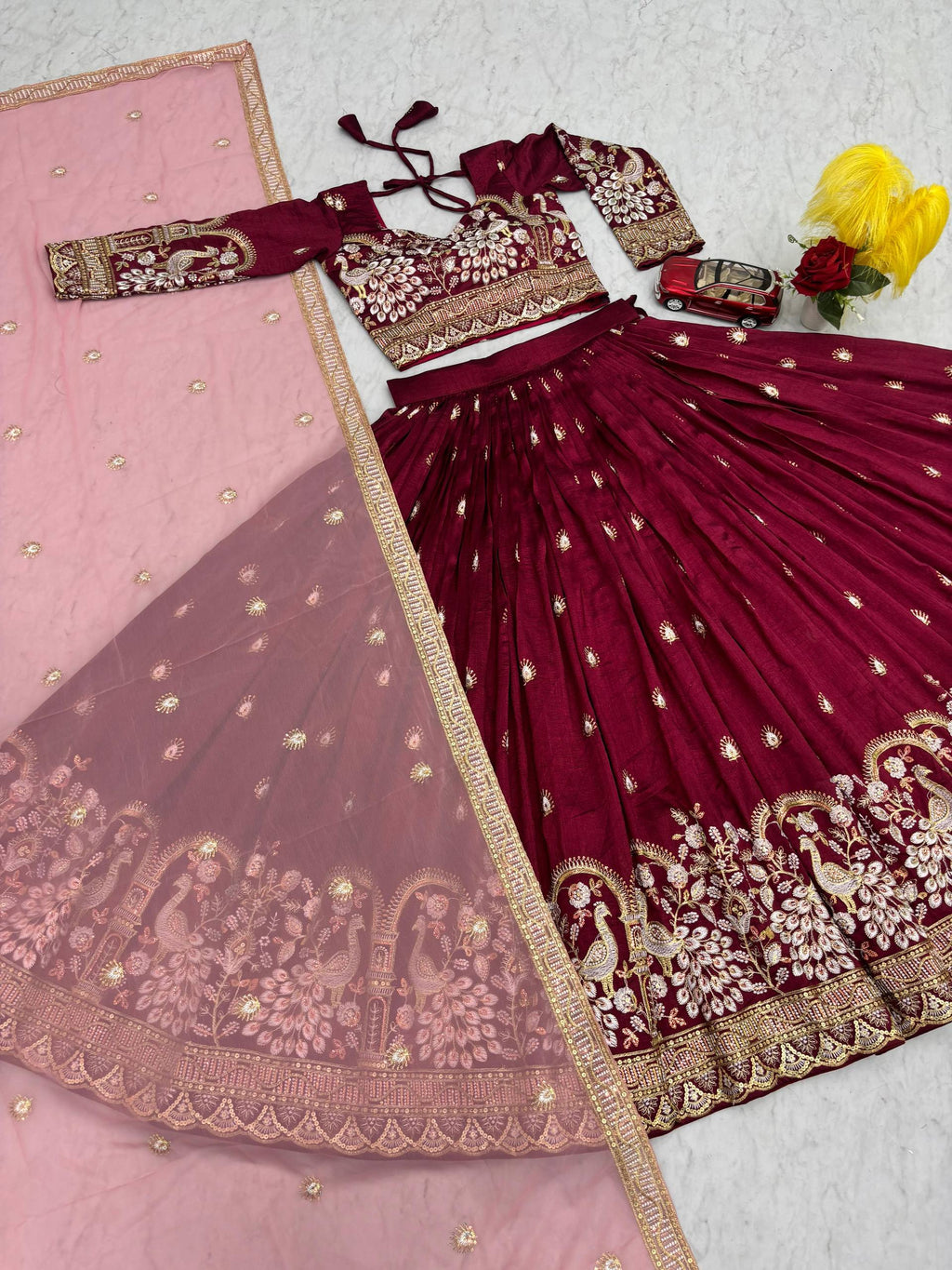 Anasuya maroon vichitra silk embroidery work lehenga choli set