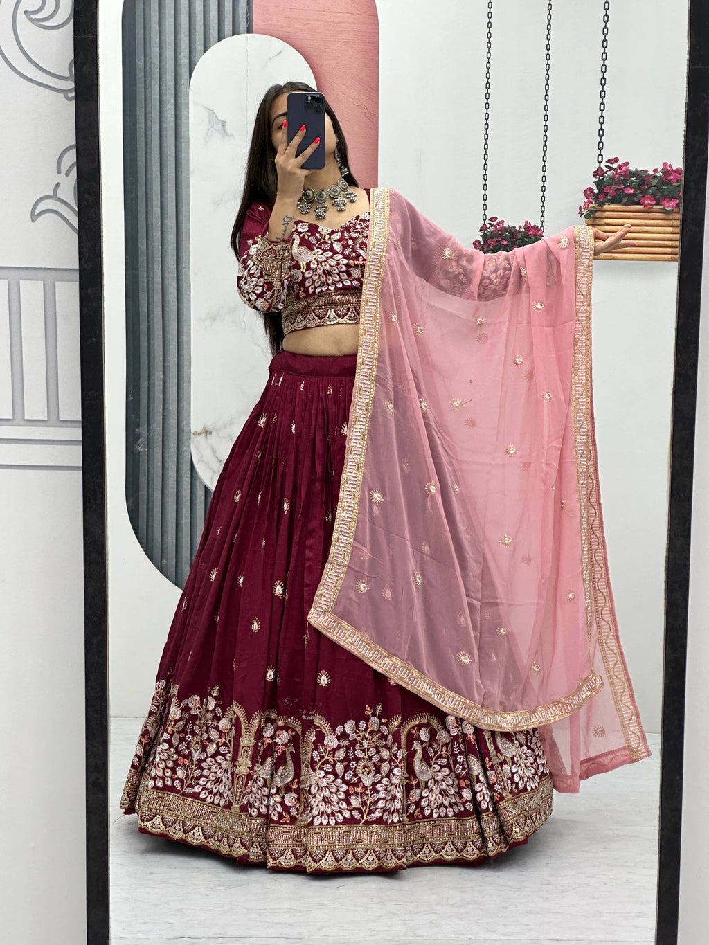 Anasuya maroon vichitra silk embroidery work lehenga choli set