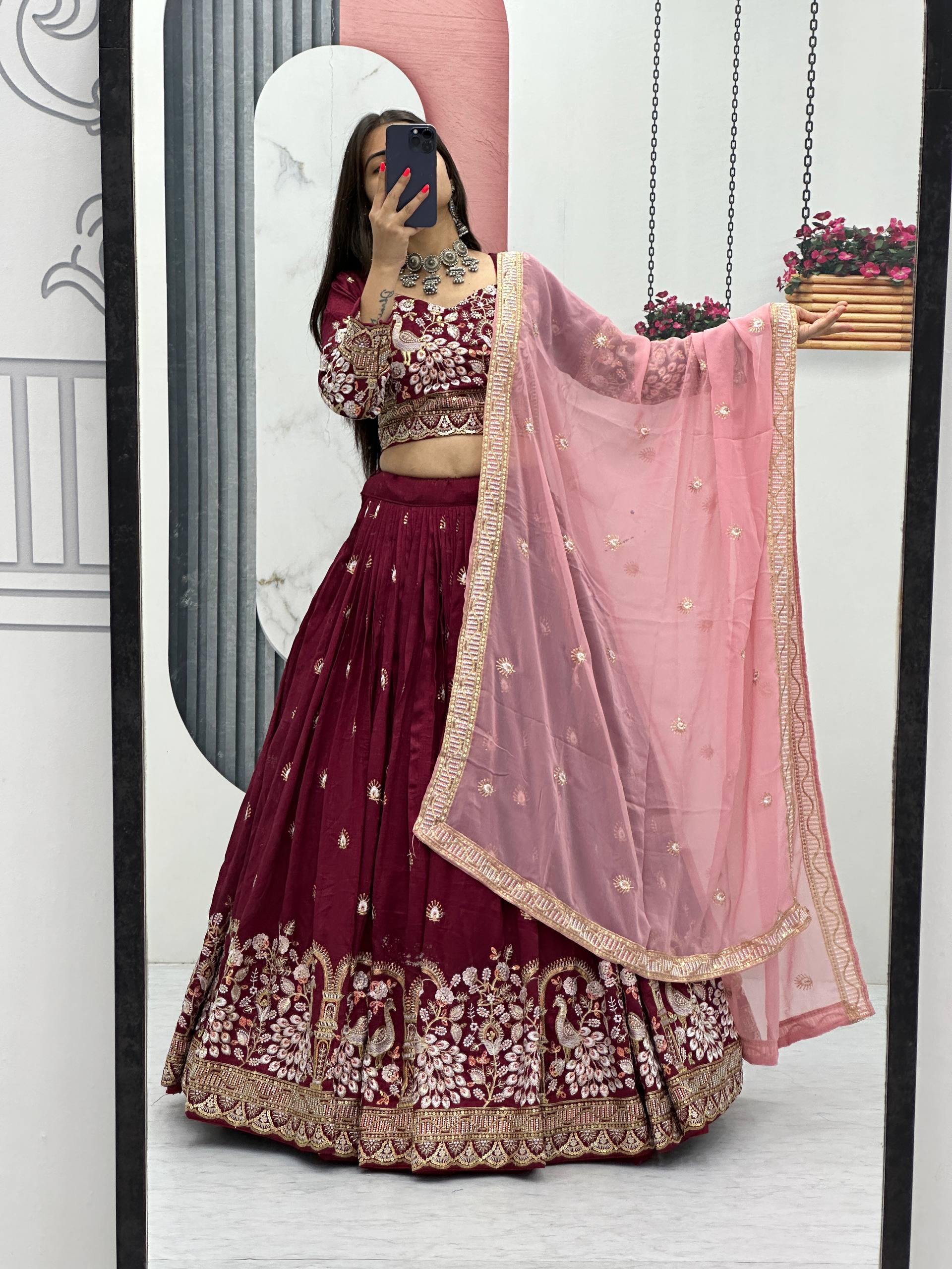 Anasuya maroon vichitra silk embroidery work lehenga choli set