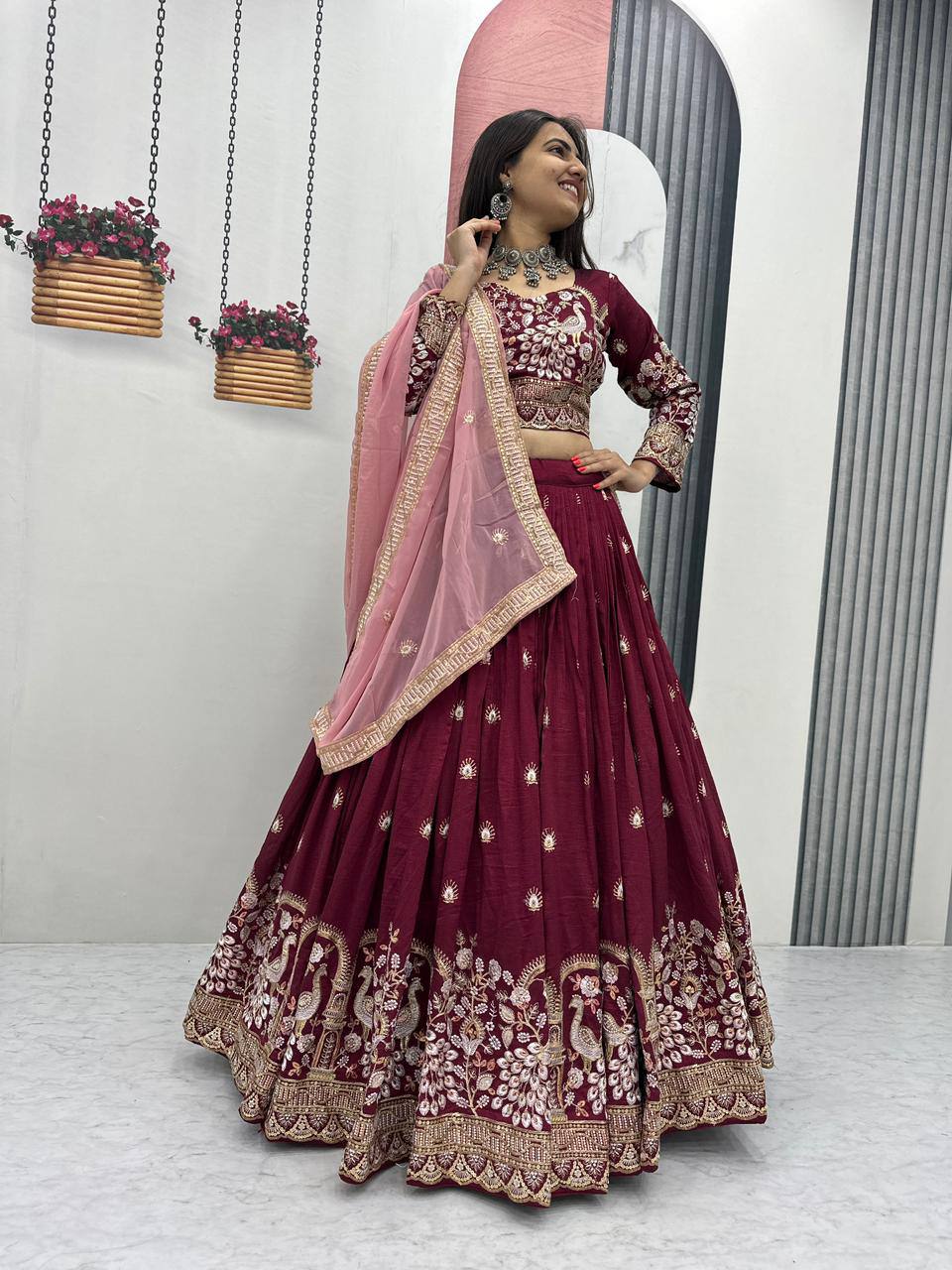 Anasuya maroon vichitra silk embroidery work lehenga choli set