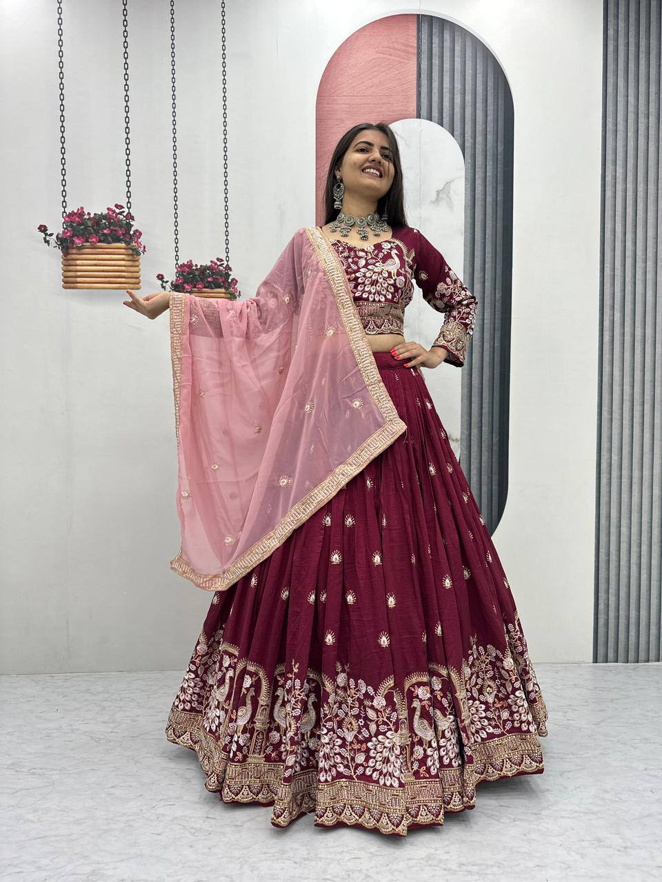 Anasuya maroon vichitra silk embroidery work lehenga choli set