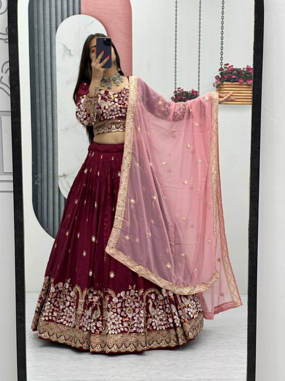 Anasuya maroon vichitra silk embroidery work lehenga choli set