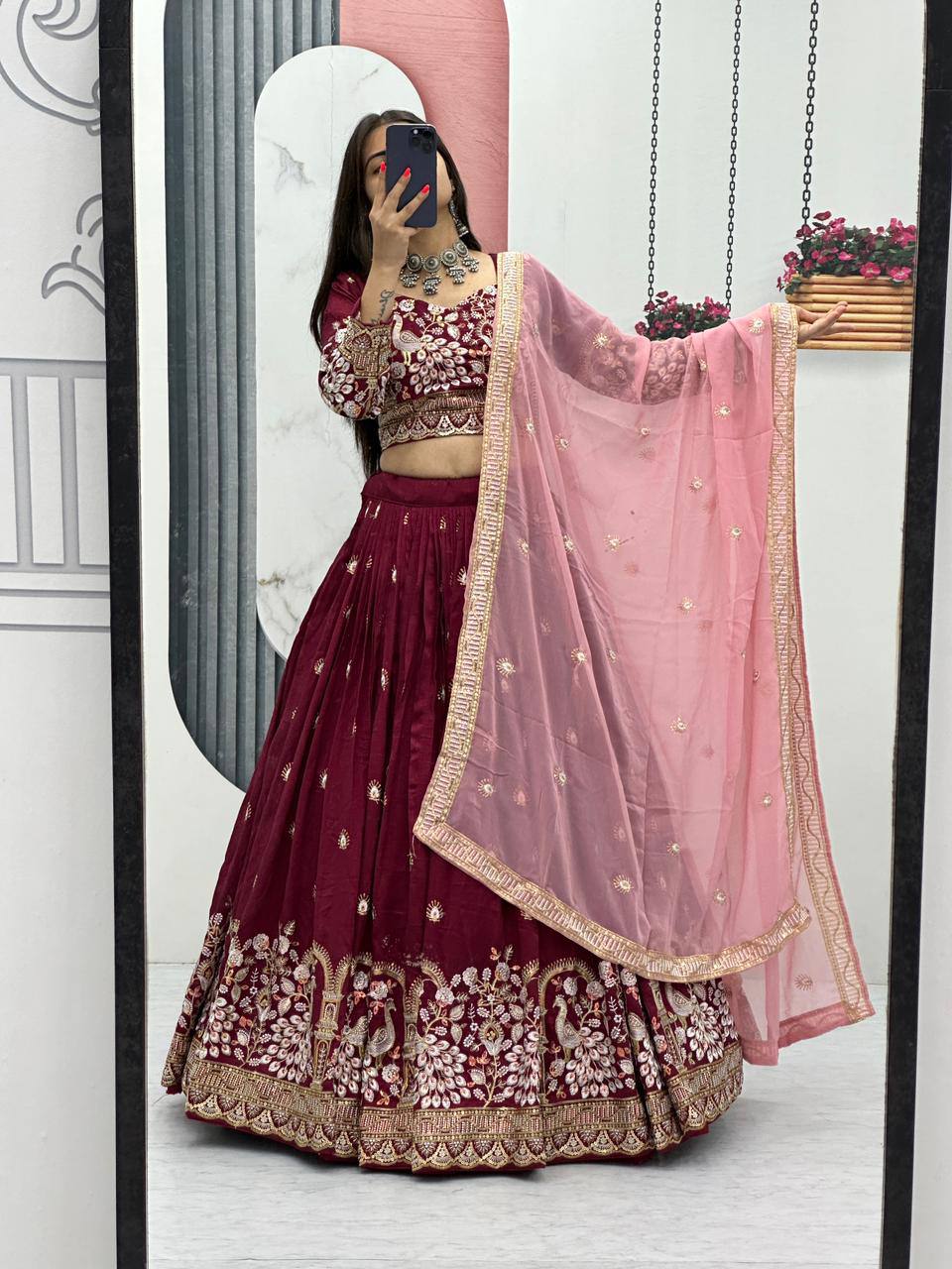 Anasuya maroon vichitra silk embroidery work lehenga choli set