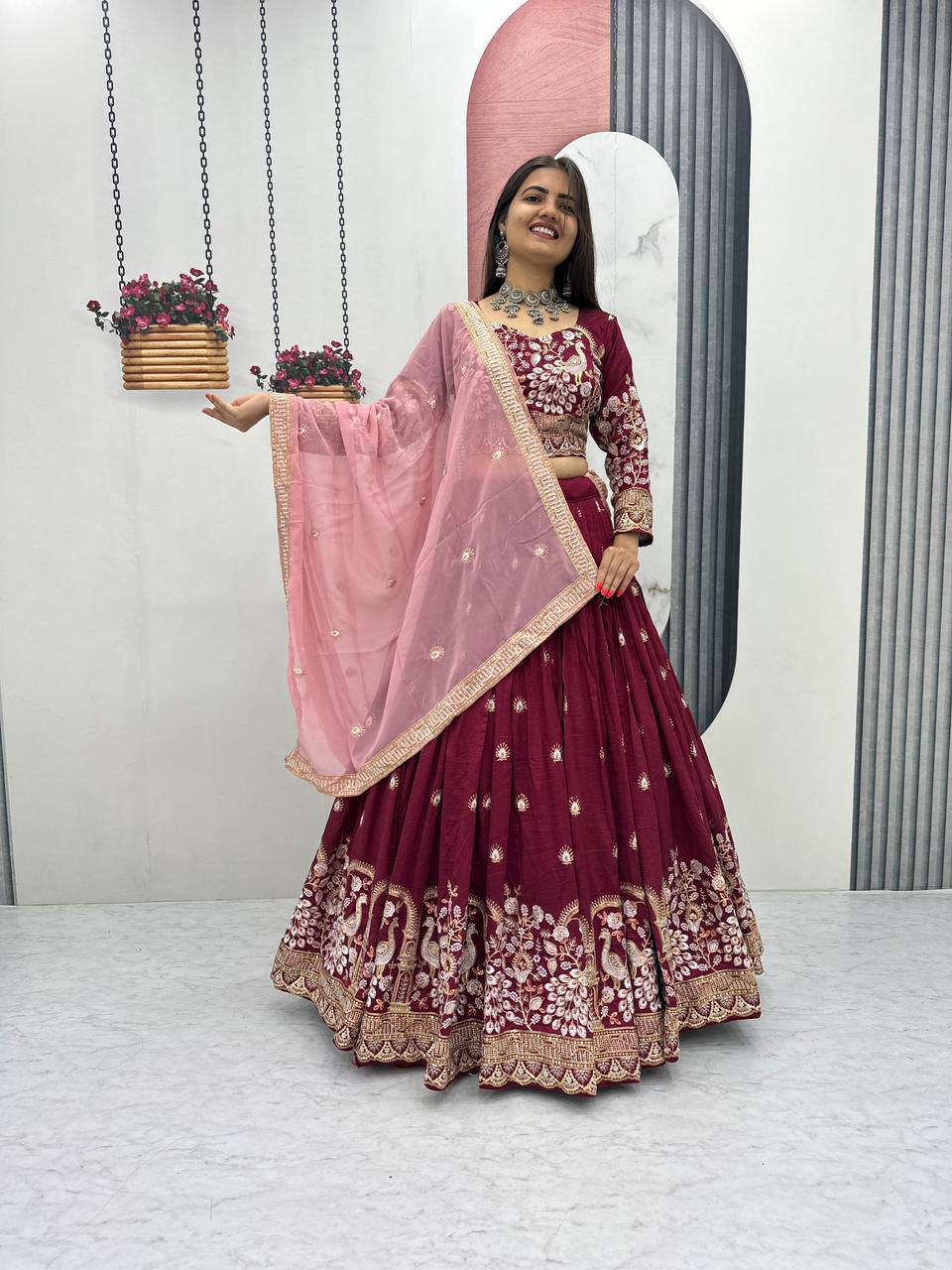 Anasuya maroon vichitra silk embroidery work lehenga choli set