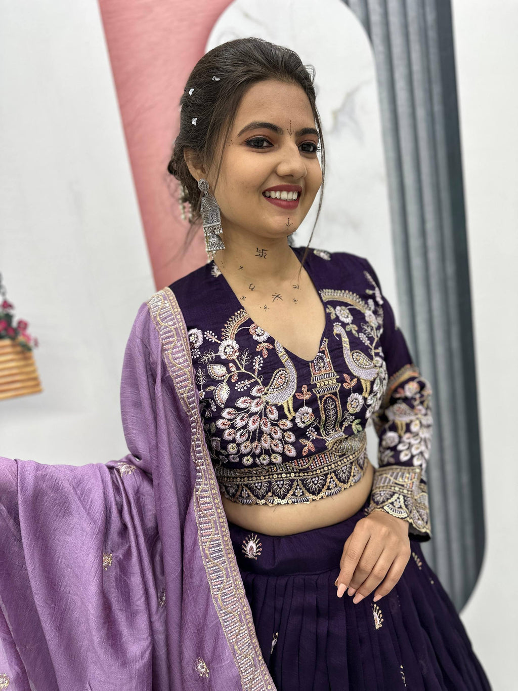 Anasuya purple vichitra silk embroidery work lehenga choli set