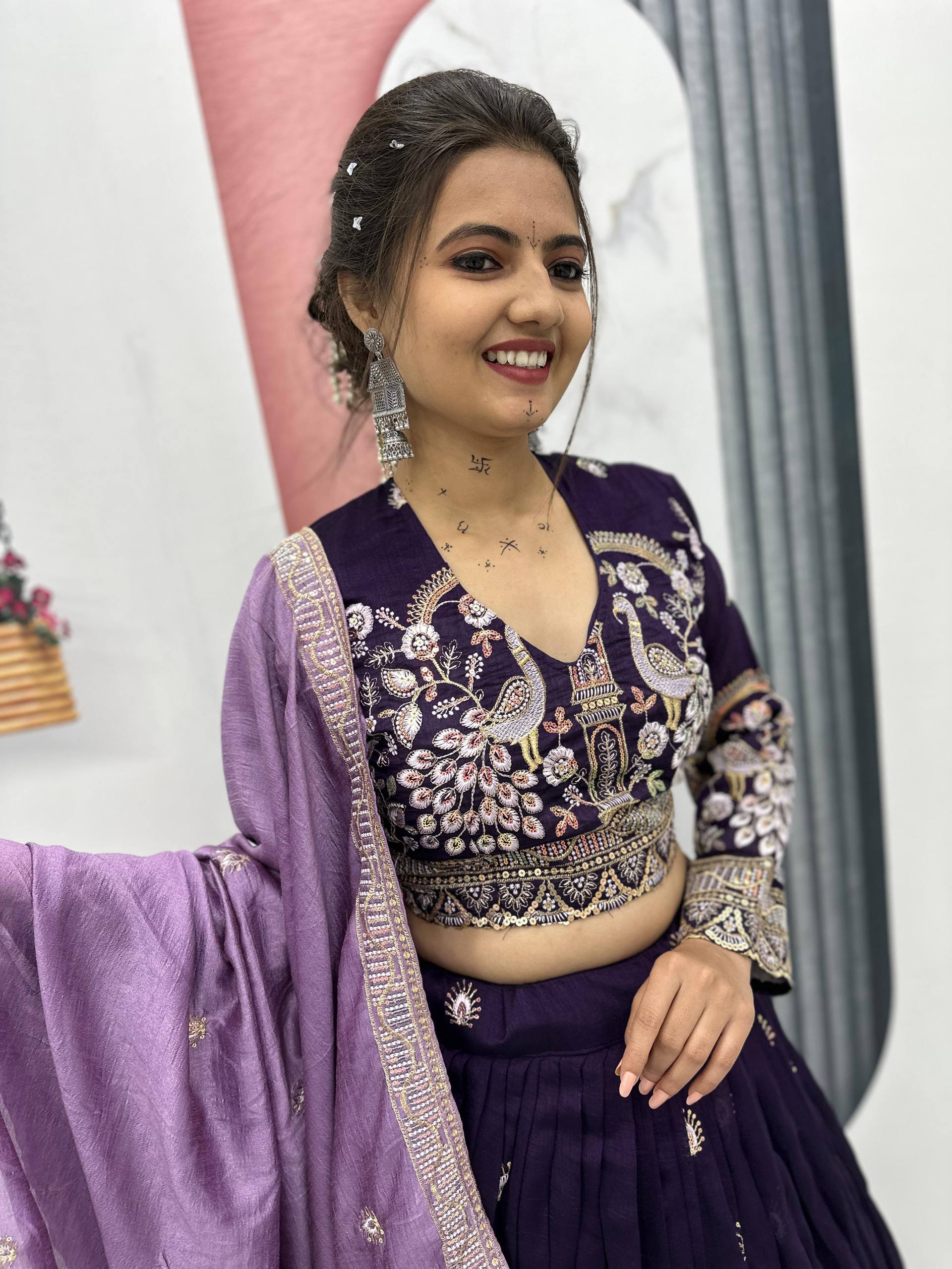 Anasuya purple vichitra silk embroidery work lehenga choli set