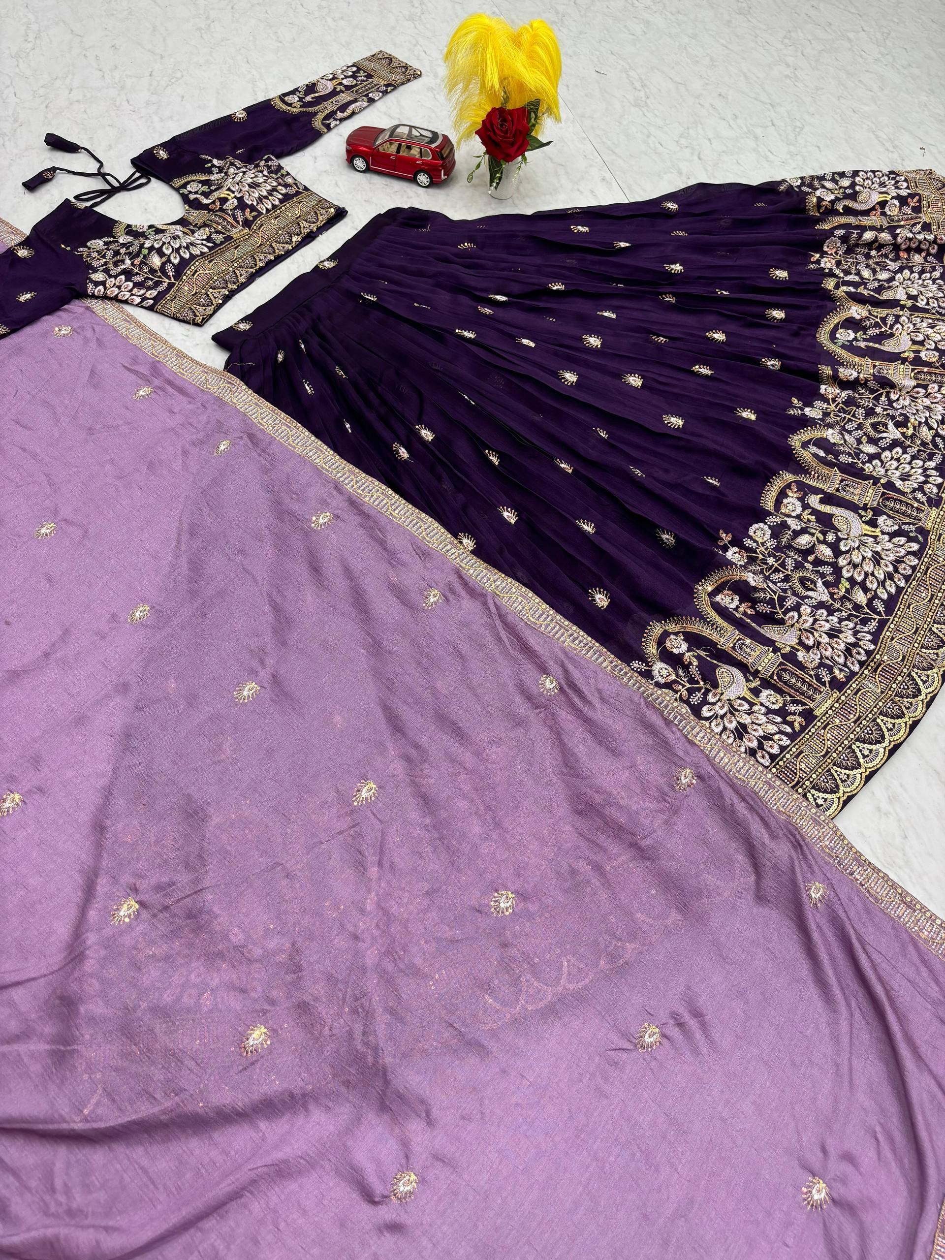 Anasuya purple vichitra silk embroidery work lehenga choli set
