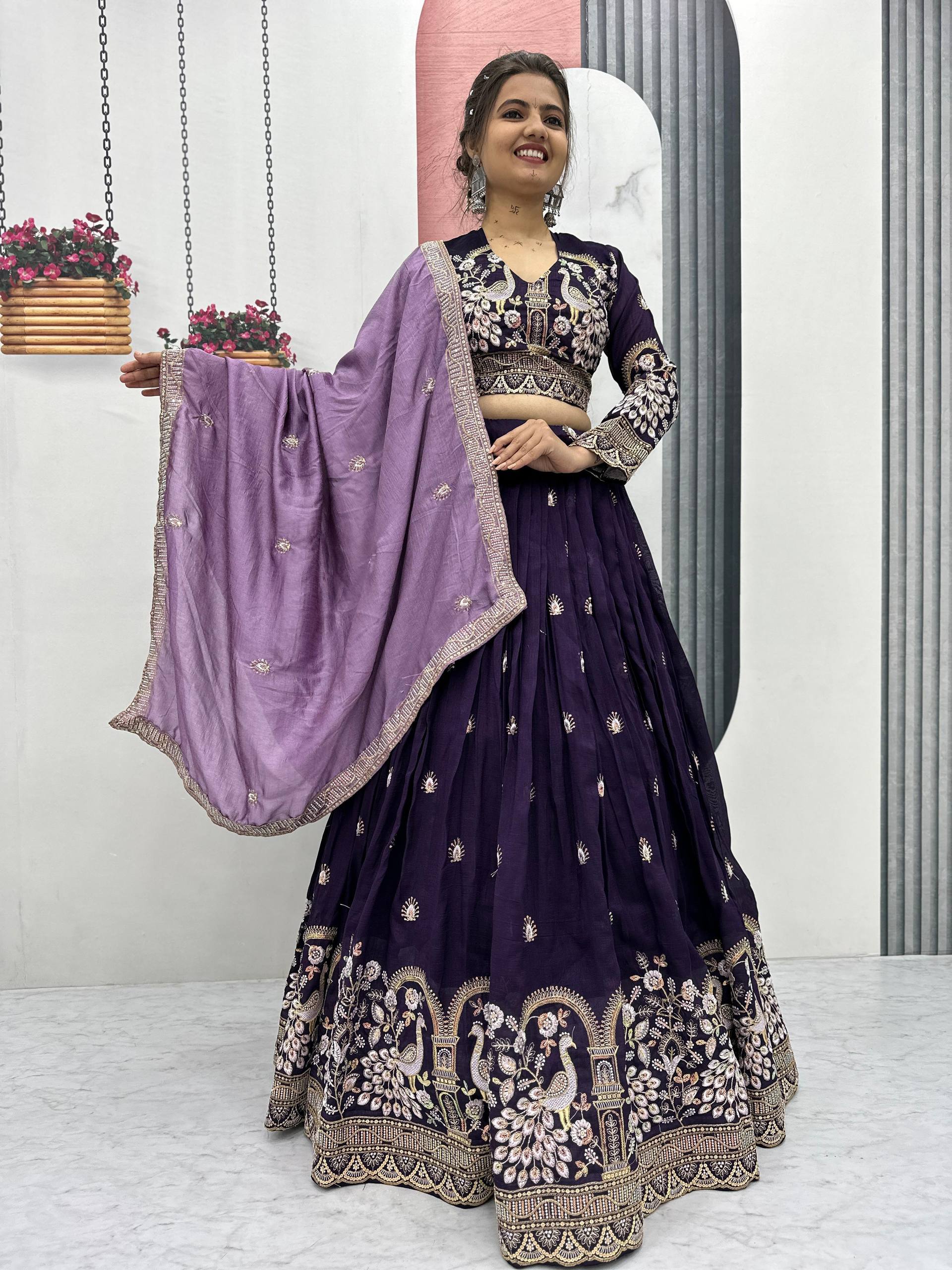 Anasuya purple vichitra silk embroidery work lehenga choli set