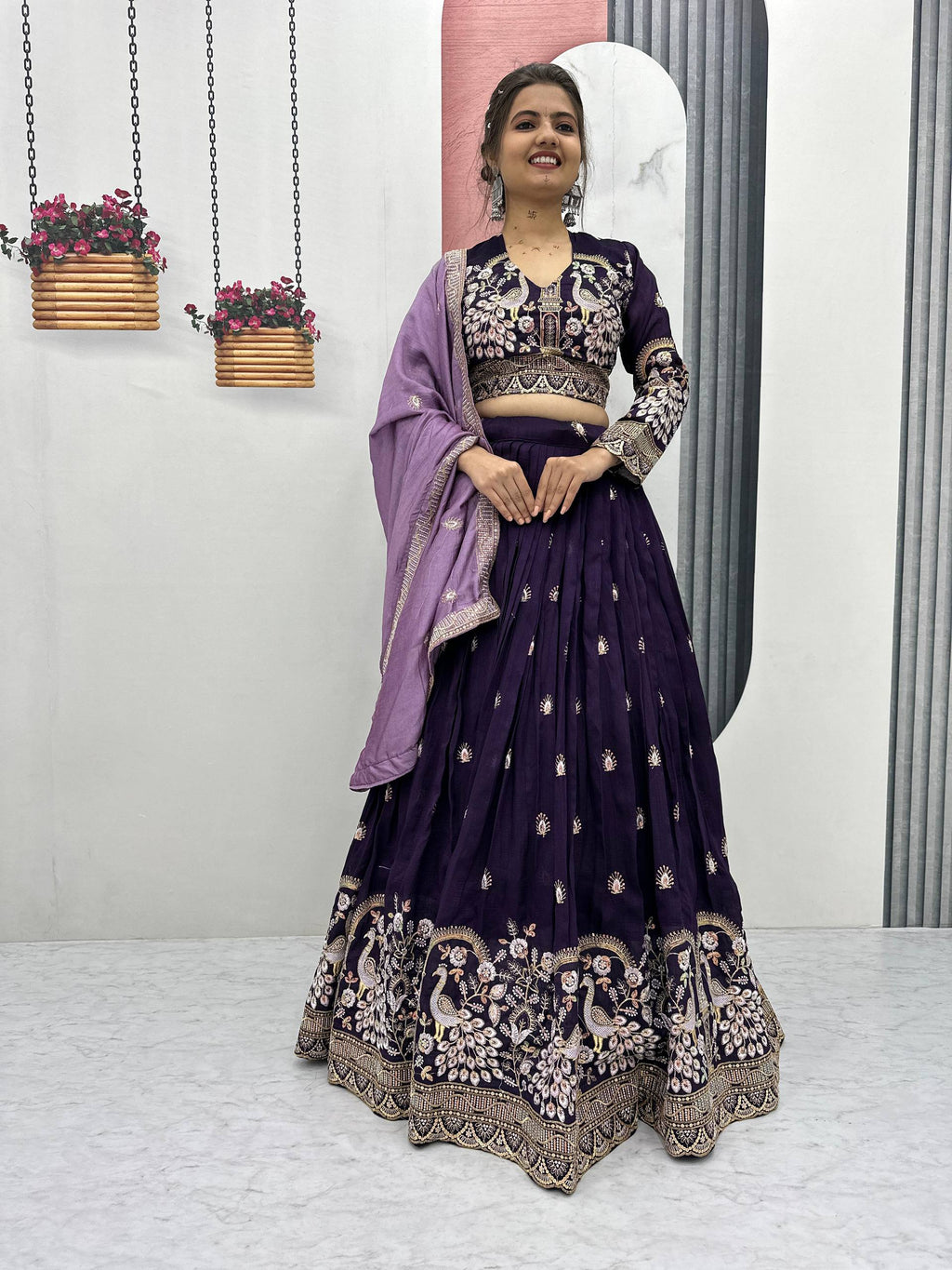 Anasuya purple vichitra silk embroidery work lehenga choli set