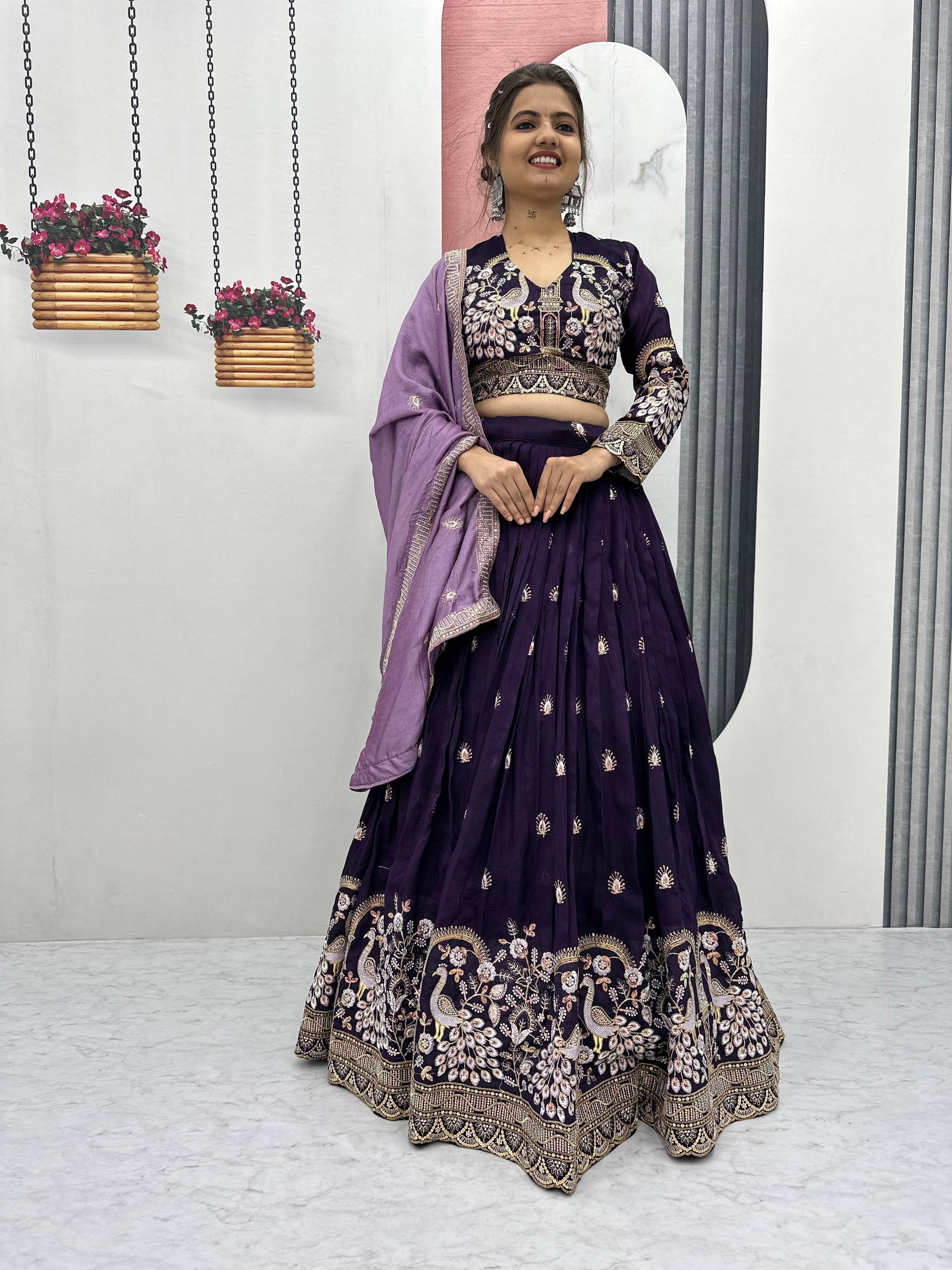 Anasuya purple vichitra silk embroidery work lehenga choli set