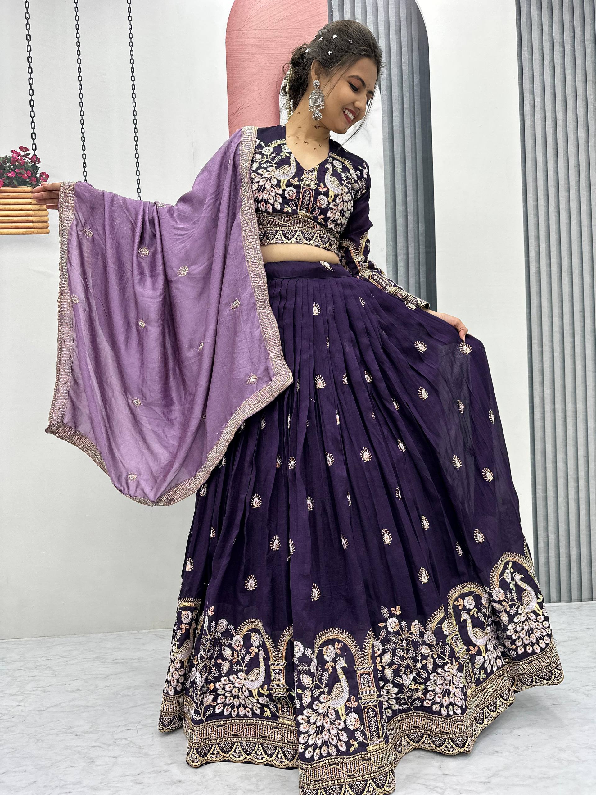 Anasuya purple vichitra silk embroidery work lehenga choli set