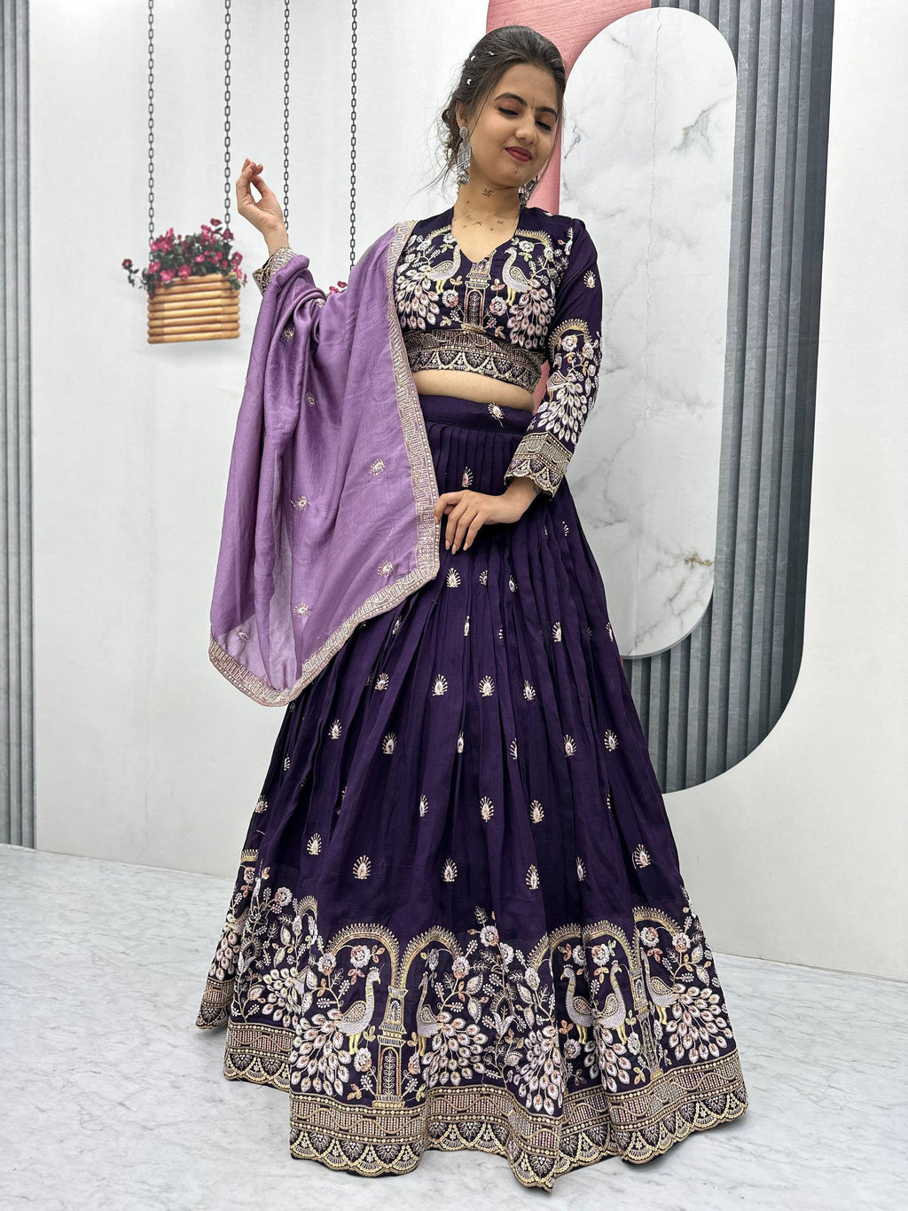 Anasuya purple vichitra silk embroidery work lehenga choli set