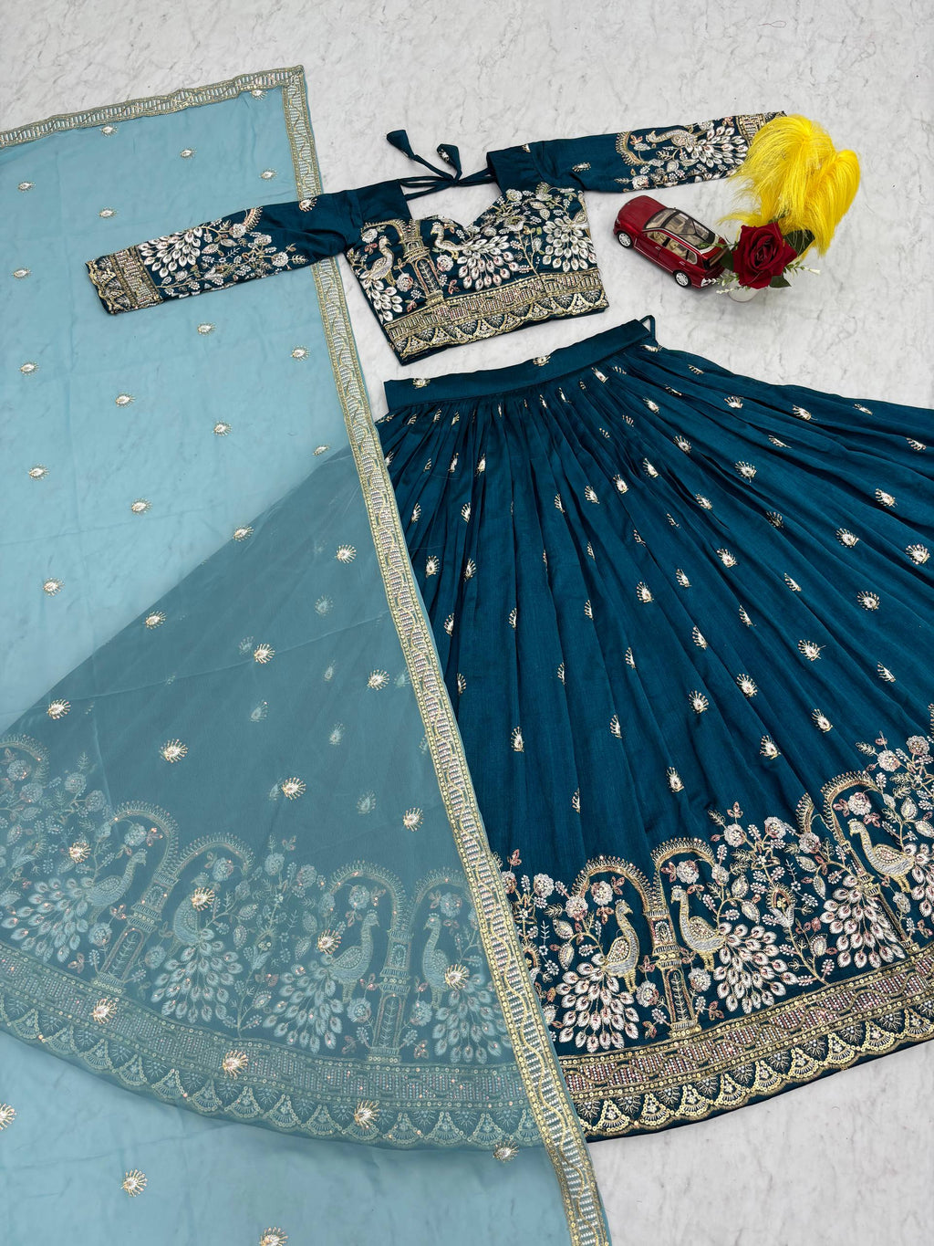 Anasuya teal blue vichitra silk embroidery work lehenga choli set