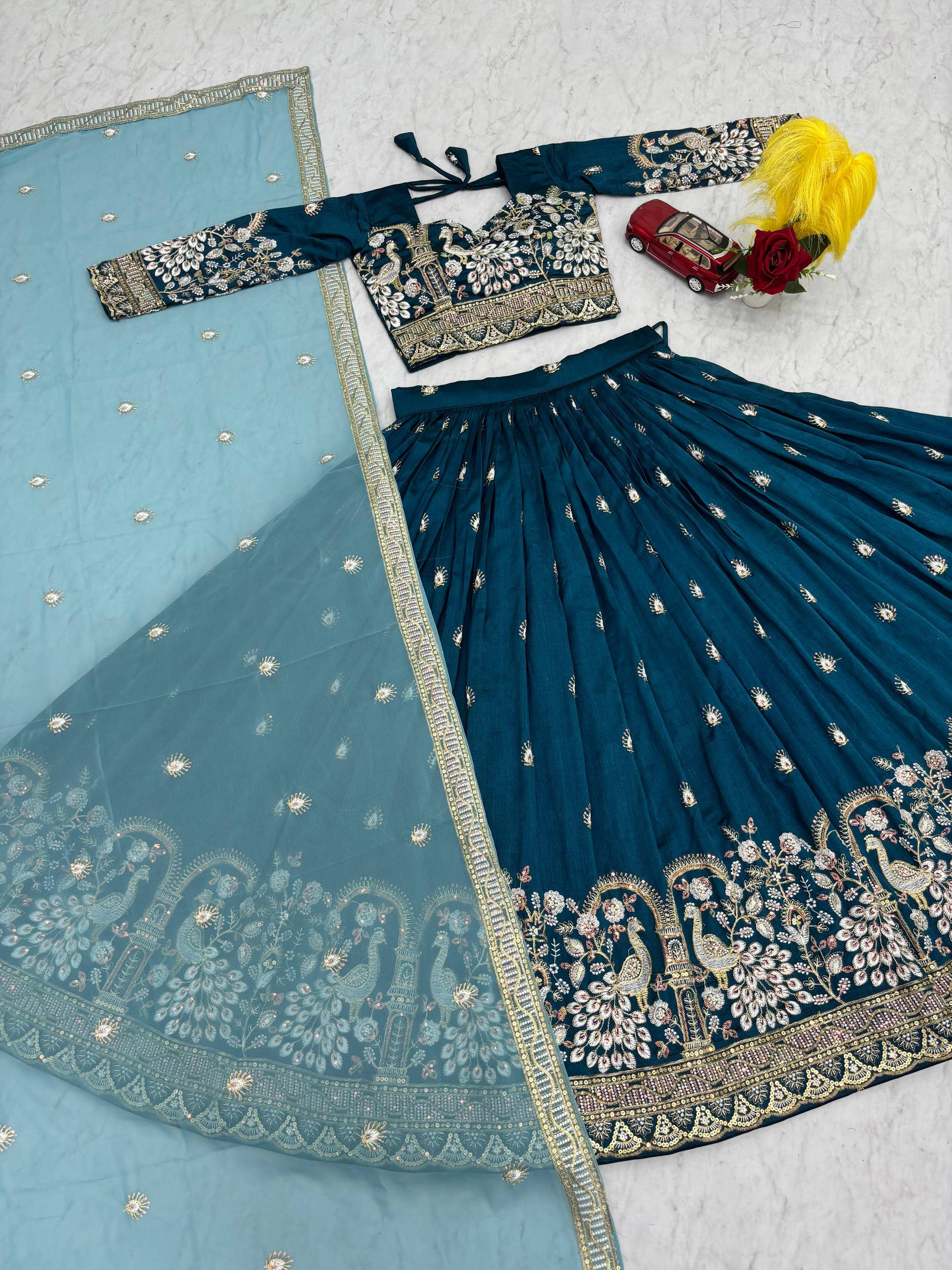 Anasuya teal blue vichitra silk embroidery work lehenga choli set
