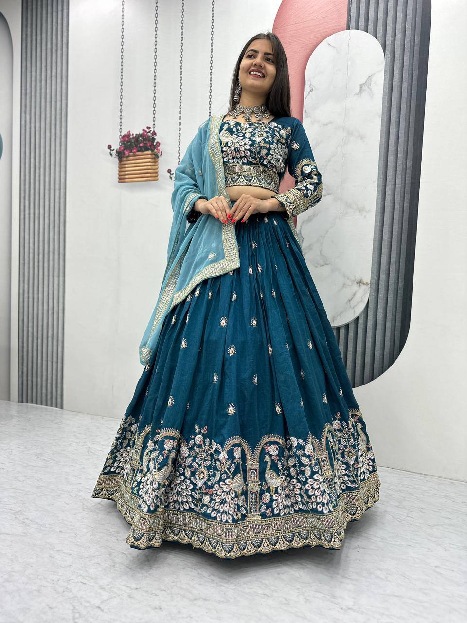 Anasuya teal blue vichitra silk embroidery work lehenga choli set