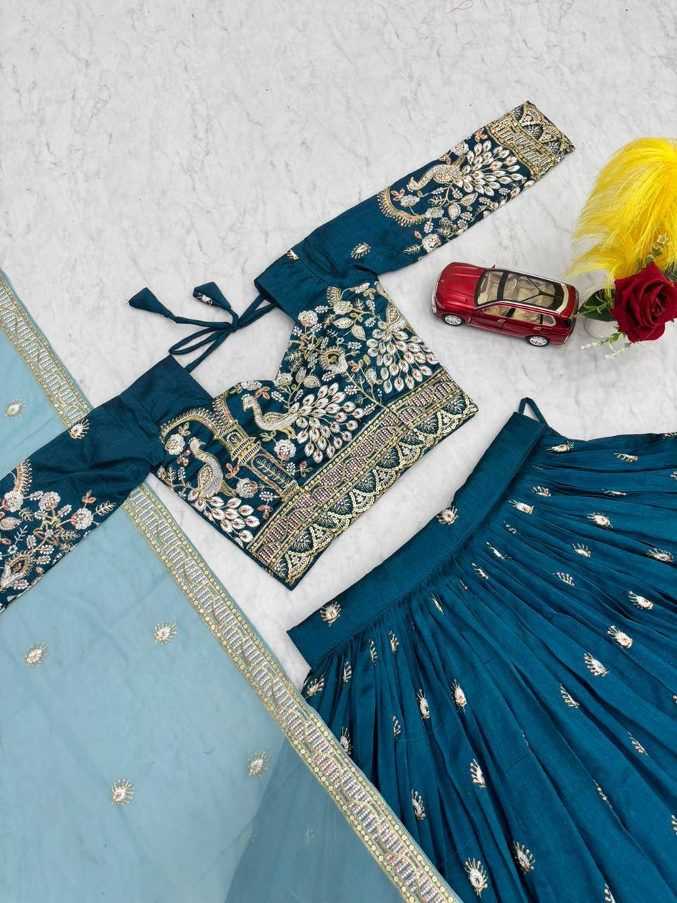 Anasuya teal blue vichitra silk embroidery work lehenga choli set