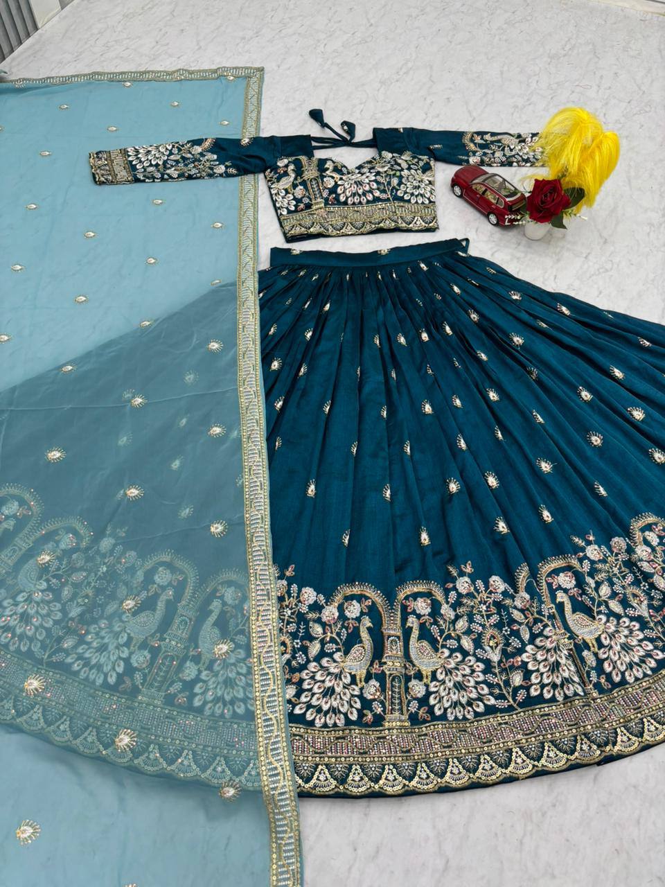 Anasuya teal blue vichitra silk embroidery work lehenga choli set