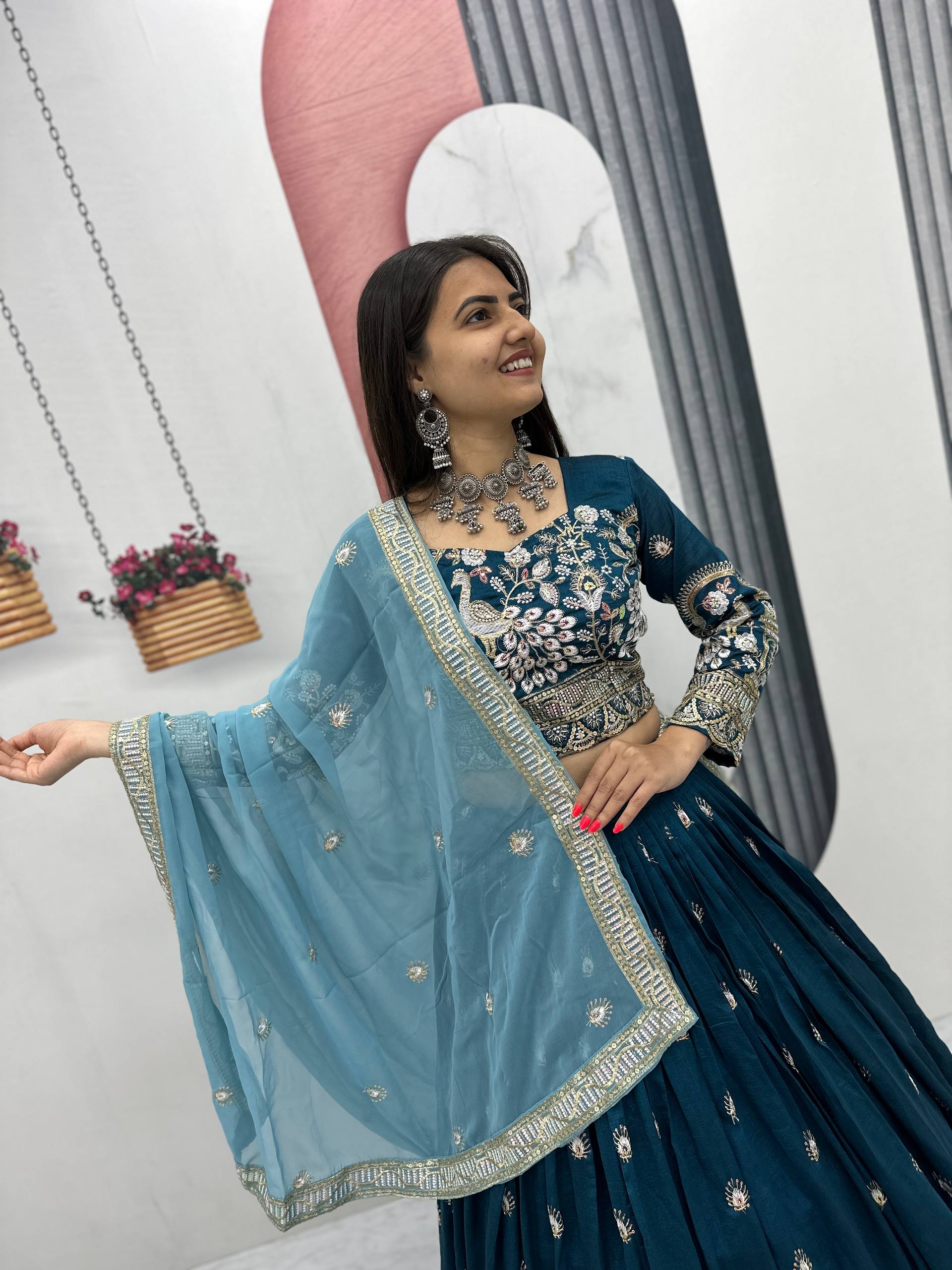 Anasuya teal blue vichitra silk embroidery work lehenga choli set