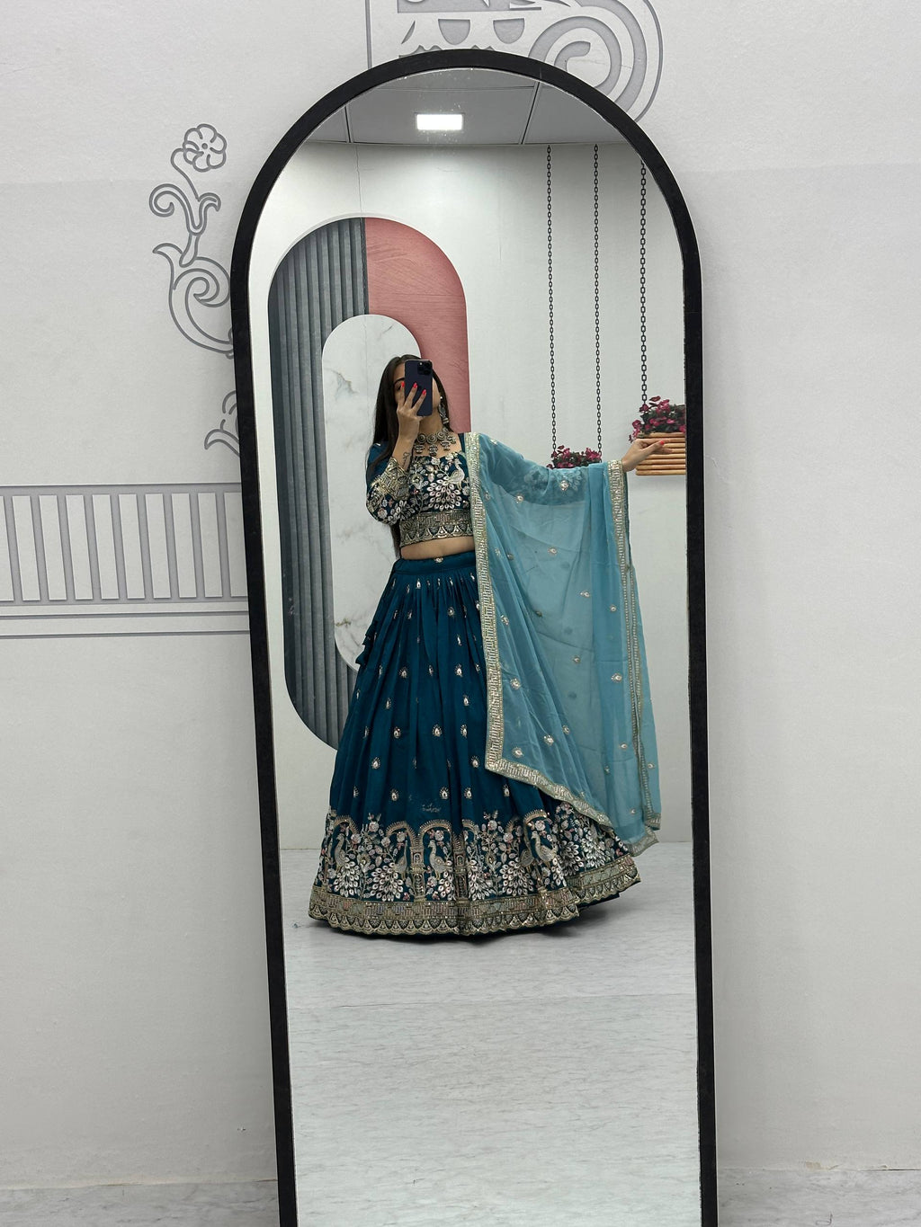 Anasuya teal blue vichitra silk embroidery work lehenga choli set