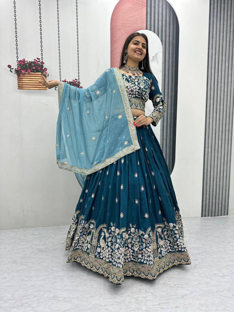 Anasuya teal blue vichitra silk embroidery work lehenga choli set