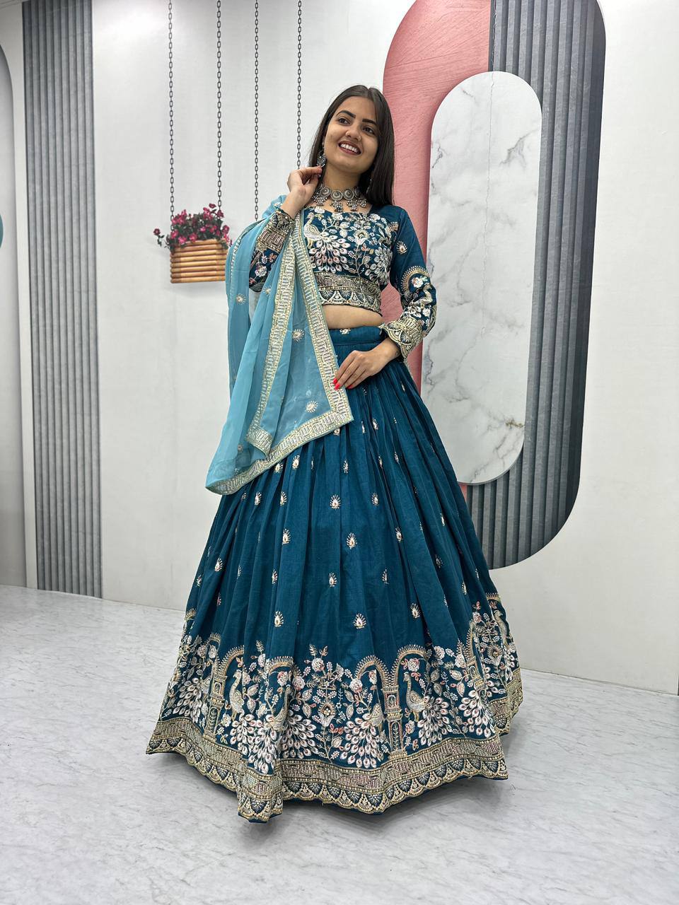 Anasuya teal blue vichitra silk embroidery work lehenga choli set
