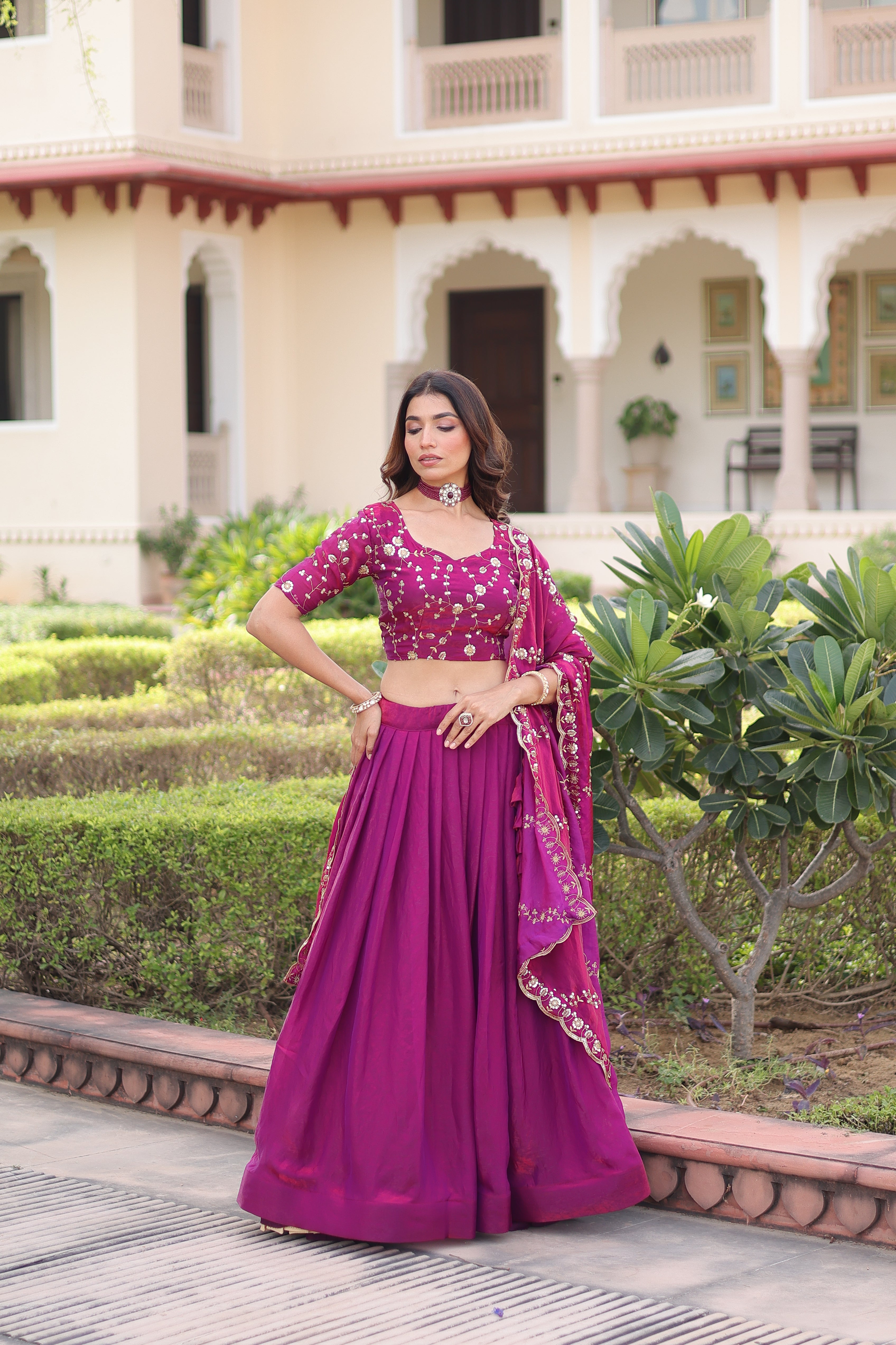 Ayni Magenta Color Fendi Silk Heavy Sequins Thread Embroidered work Lehenga Choli