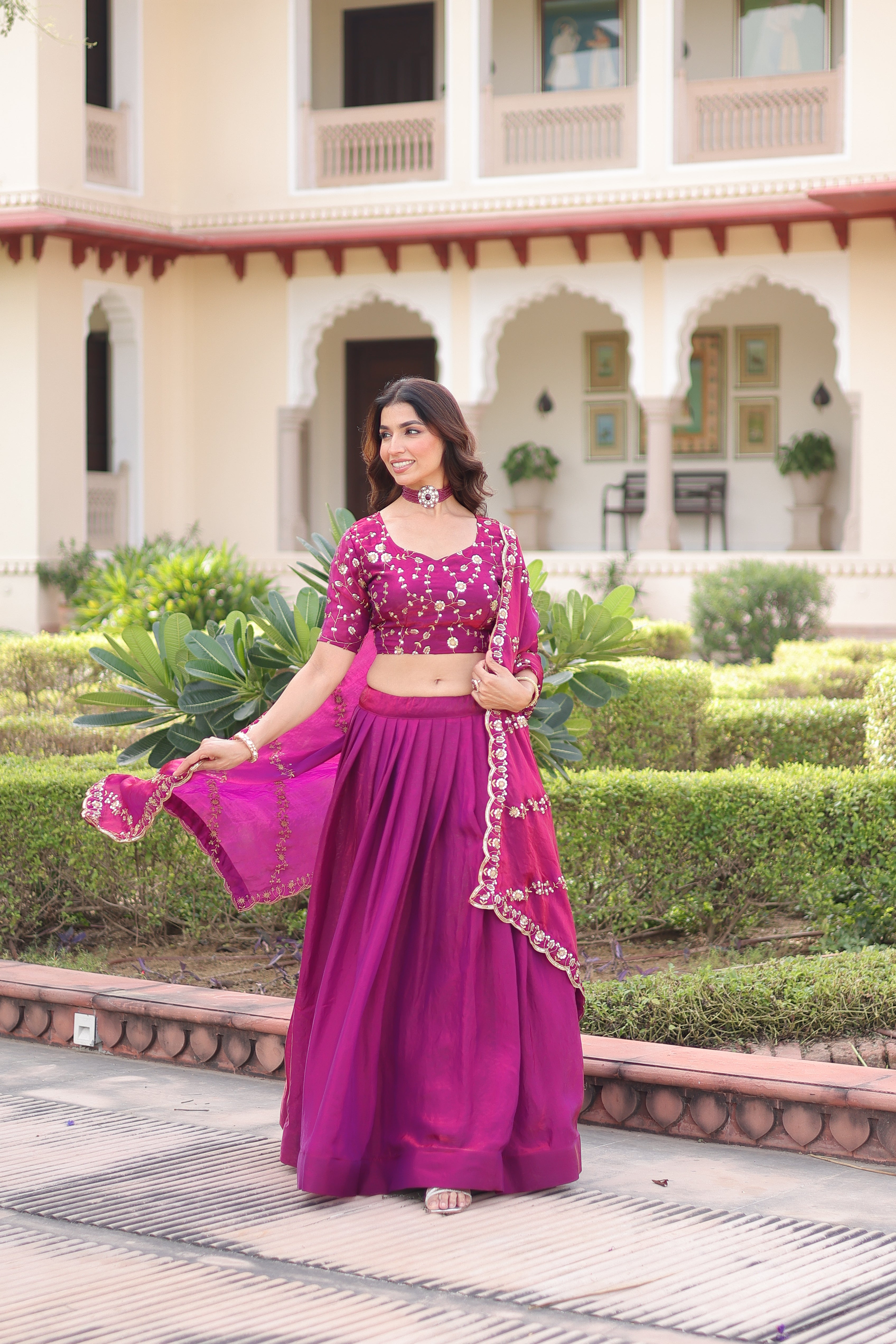 Ayni Magenta Color Fendi Silk Heavy Sequins Thread Embroidered work Lehenga Choli